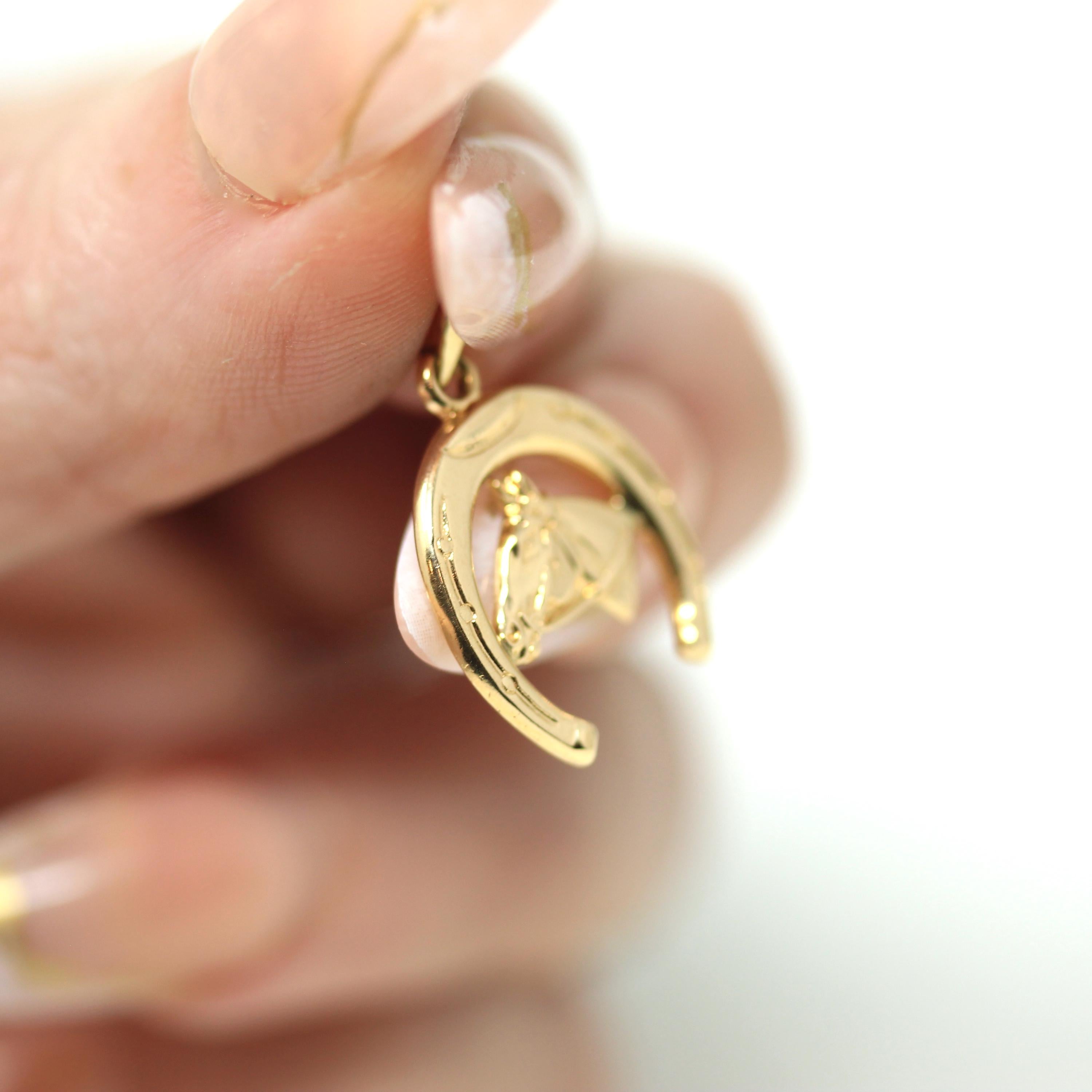 Vintage Equestrian Charm - Modern Estate 14k Yellow Gold Dainty Figural Equine Horse & Shoe Pendant Necklace - Circa 2000s Fine Y2K Jewelry