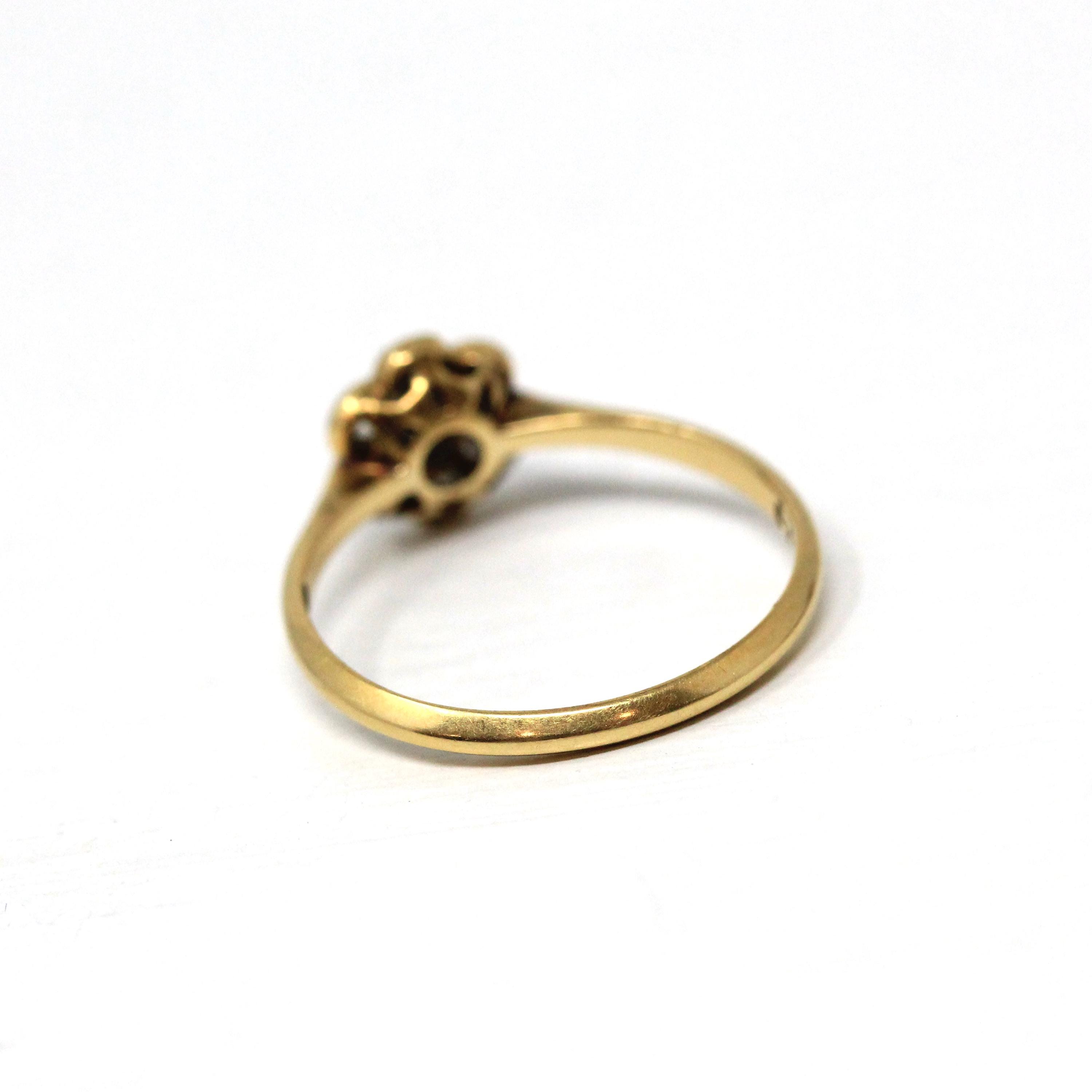 Diamond Flower Ring - Retro 18k Yellow Gold & Platinum Natural Gemstones - Vintage Circa 1940s Era Size 5 3/4 Cluster Fine Floral Jewelry