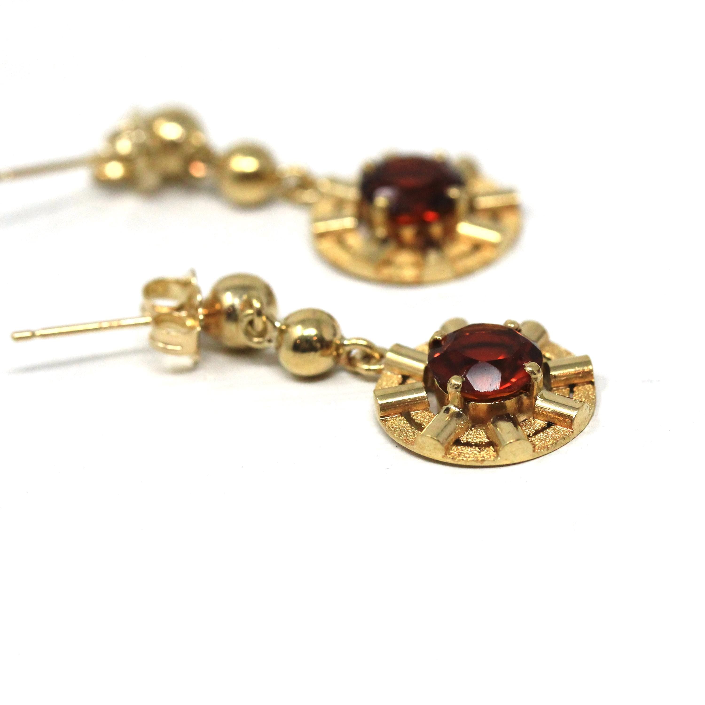 Retro Citrine Earrings - Vintage 22k Yellow Gold Pierced Push Back Dangle Dark Orange .67 CT Gems - Circa 1970s Era Fine Statement Jewelry