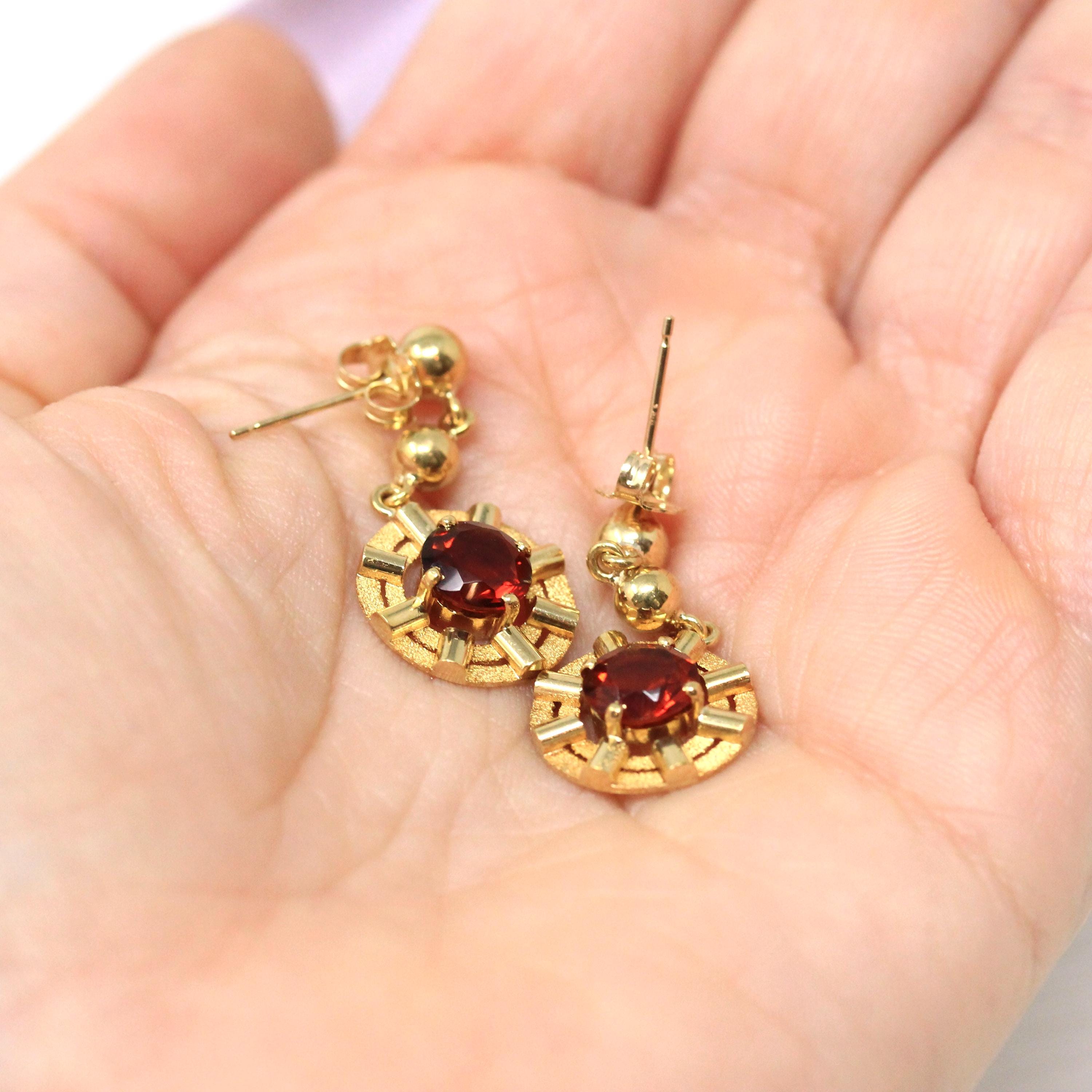 Retro Citrine Earrings - Vintage 22k Yellow Gold Pierced Push Back Dangle Dark Orange .67 CT Gems - Circa 1970s Era Fine Statement Jewelry