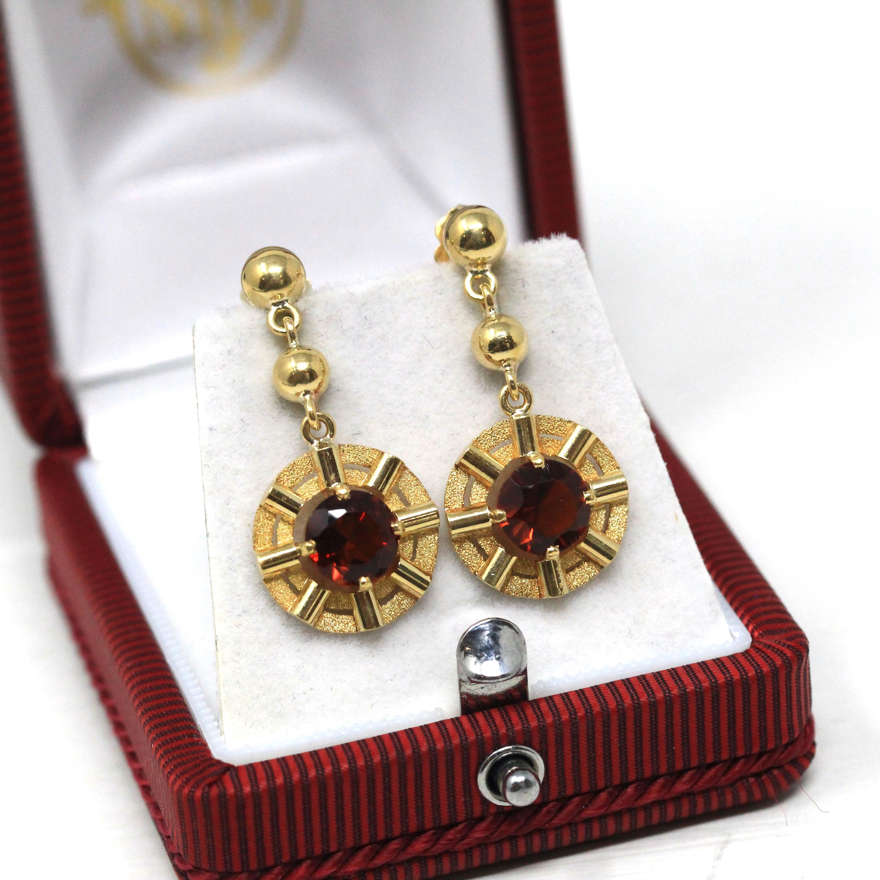 Retro Citrine Earrings - Vintage 22k Yellow Gold Pierced Push Back Dangle Dark Orange .67 CT Gems - Circa 1970s Era Fine Statement Jewelry