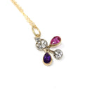 Multi Gemstone Charm - Victorian 18k Yellow Gold Pink Sapphire Amethyst & Diamond 0.22 CTW Necklace - Circa 1890s Era Fine Statement Jewelry