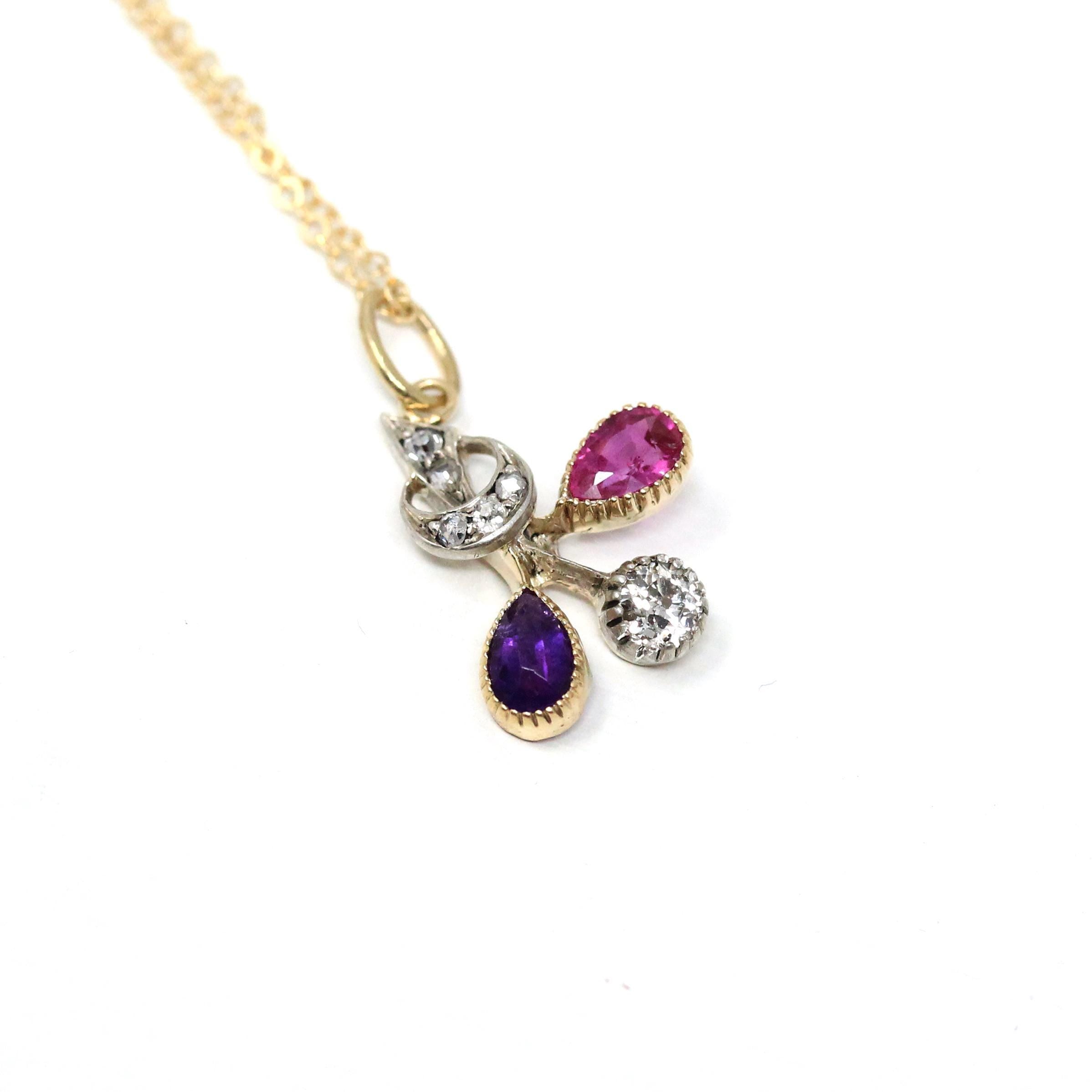 Multi Gemstone Charm - Victorian 18k Yellow Gold Pink Sapphire Amethyst & Diamond 0.22 CTW Necklace - Circa 1890s Era Fine Statement Jewelry