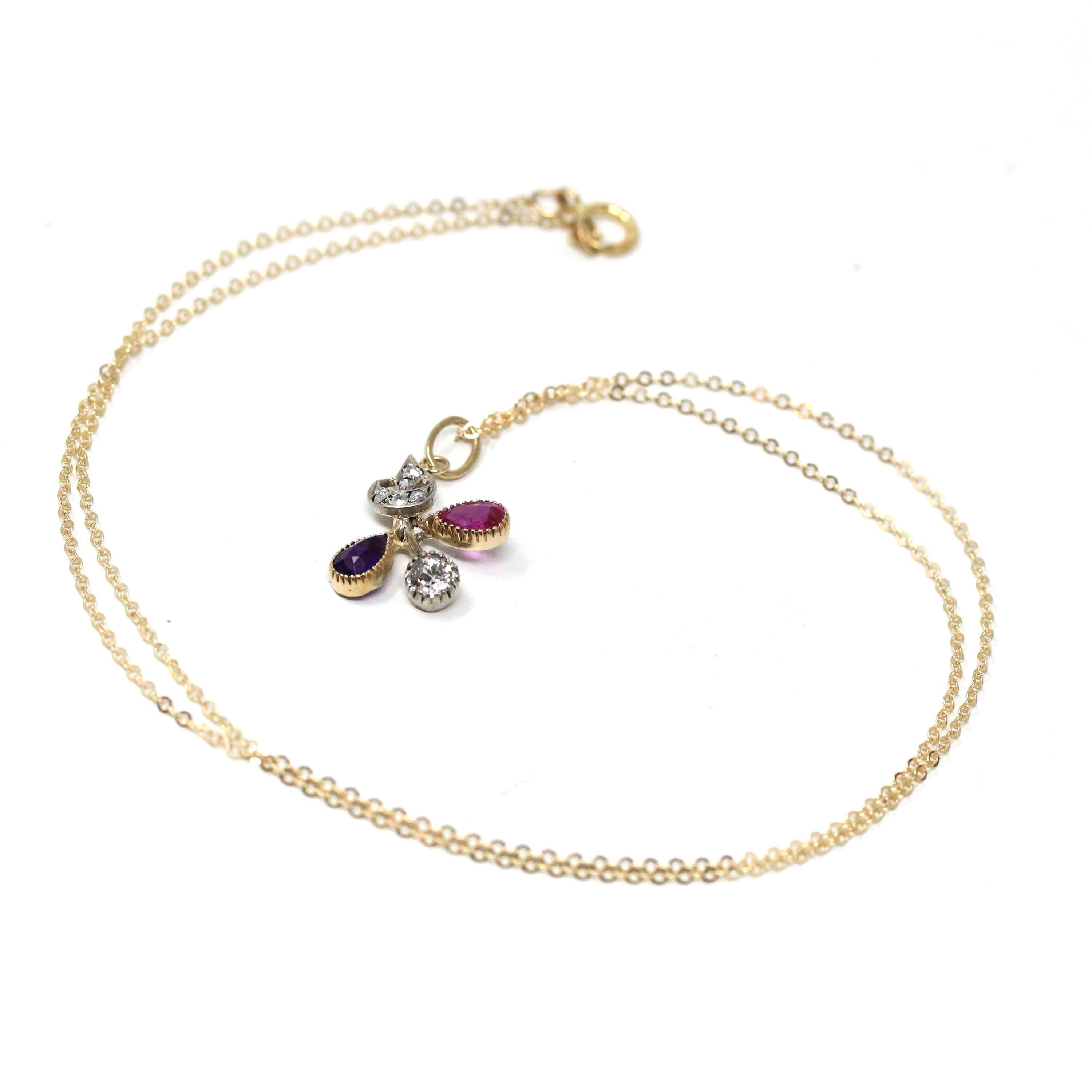 Multi Gemstone Charm - Victorian 18k Yellow Gold Pink Sapphire Amethyst & Diamond 0.22 CTW Necklace - Circa 1890s Era Fine Statement Jewelry