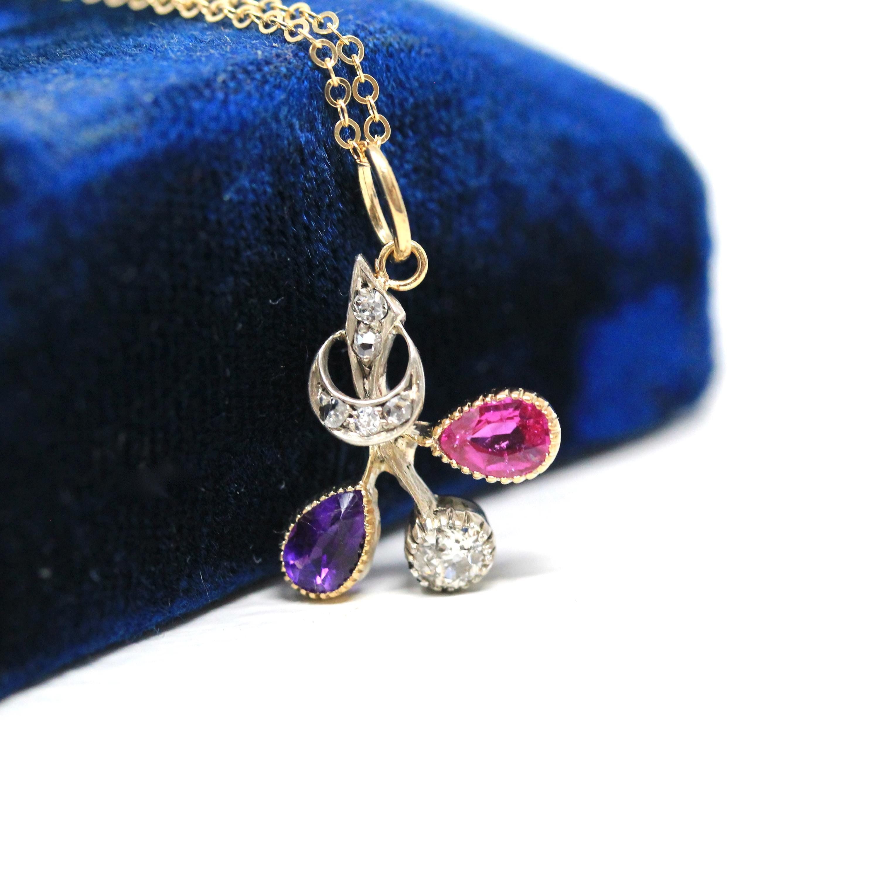 Multi Gemstone Charm - Victorian 18k Yellow Gold Pink Sapphire Amethyst & Diamond 0.22 CTW Necklace - Circa 1890s Era Fine Statement Jewelry