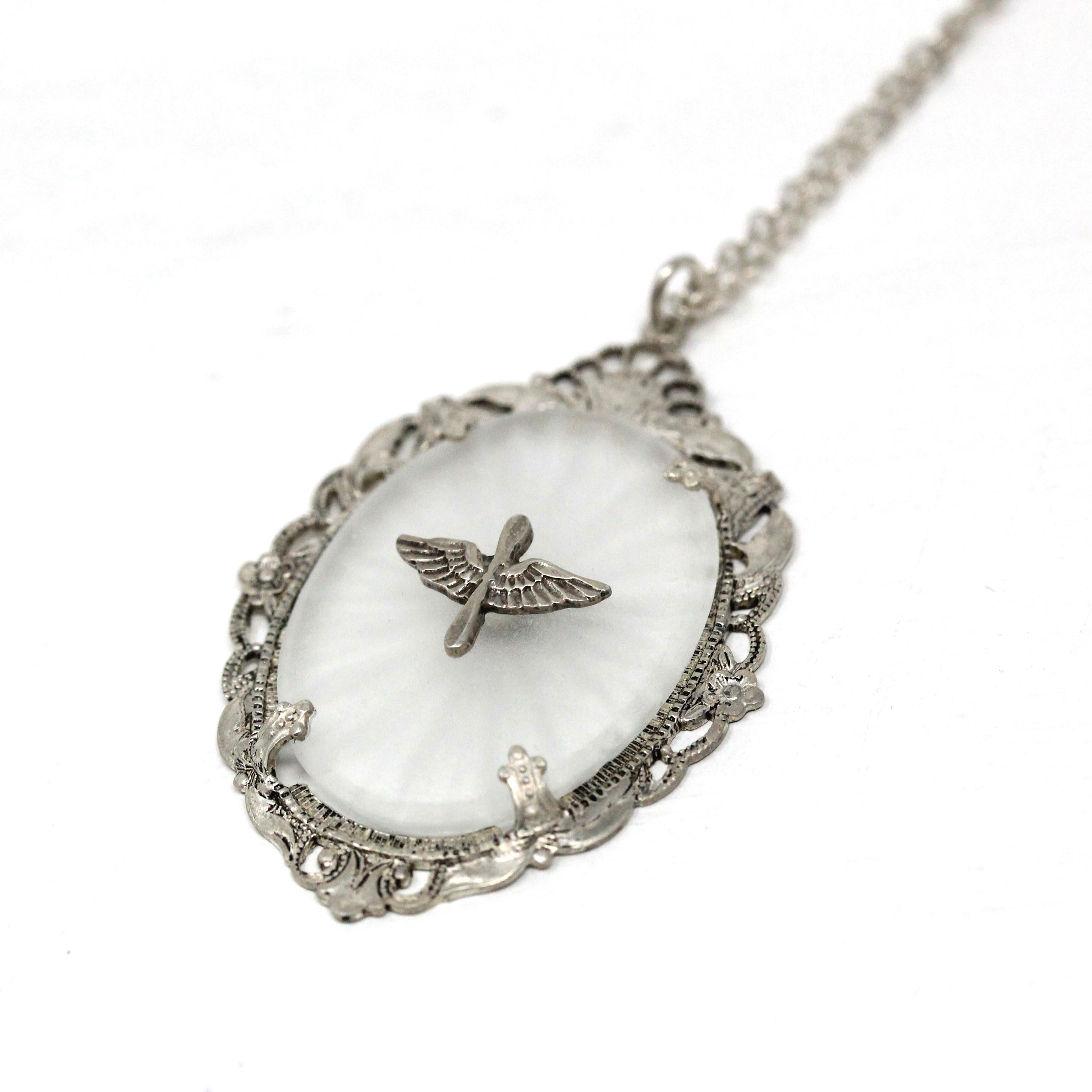 Vintage Aviation Pendant - Retro Sterling Silver Prop And Wings Filigree Flower Necklace - Circa 1940s Era Statement Camphor Glass Jewelry