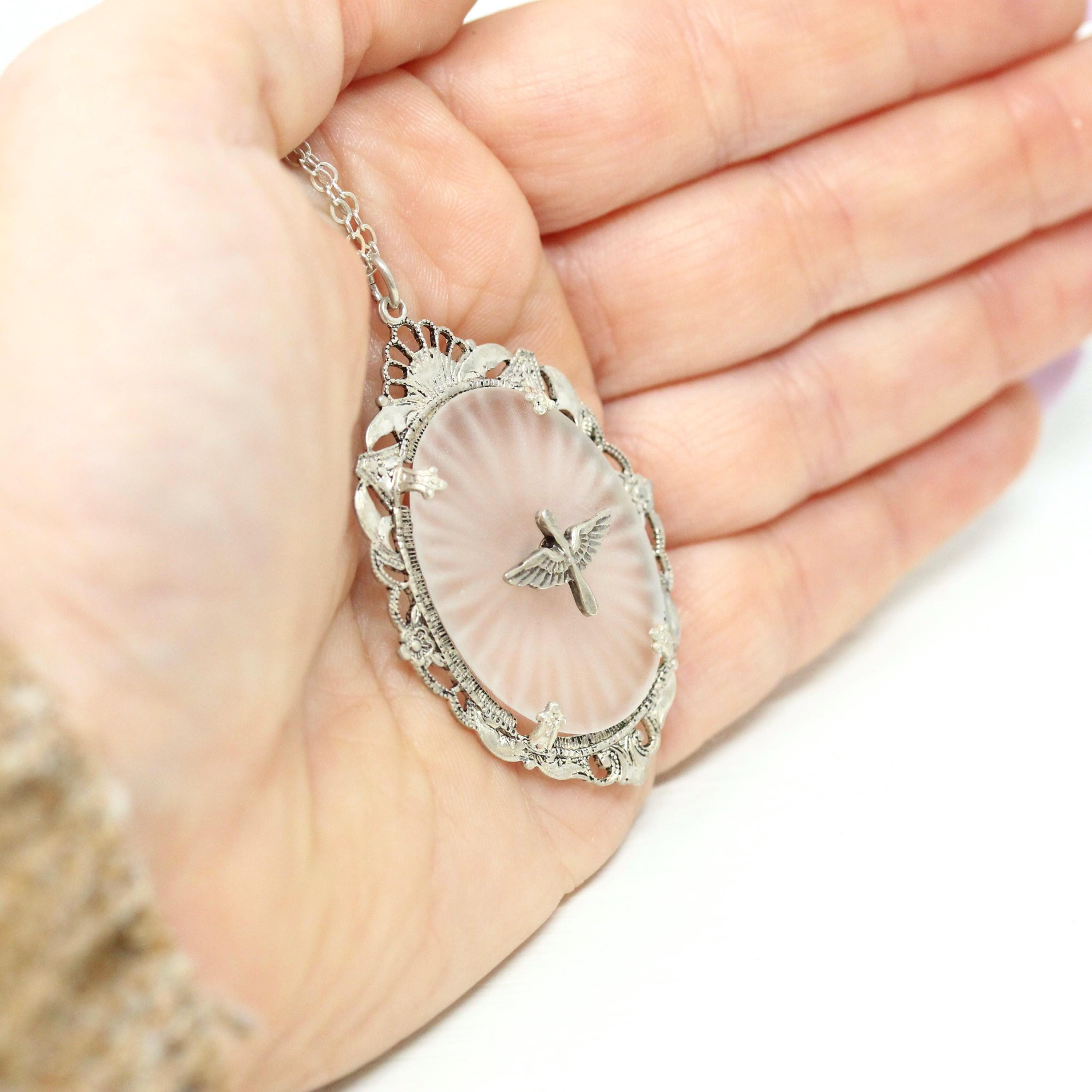 Vintage Aviation Pendant - Retro Sterling Silver Prop And Wings Filigree Flower Necklace - Circa 1940s Era Statement Camphor Glass Jewelry