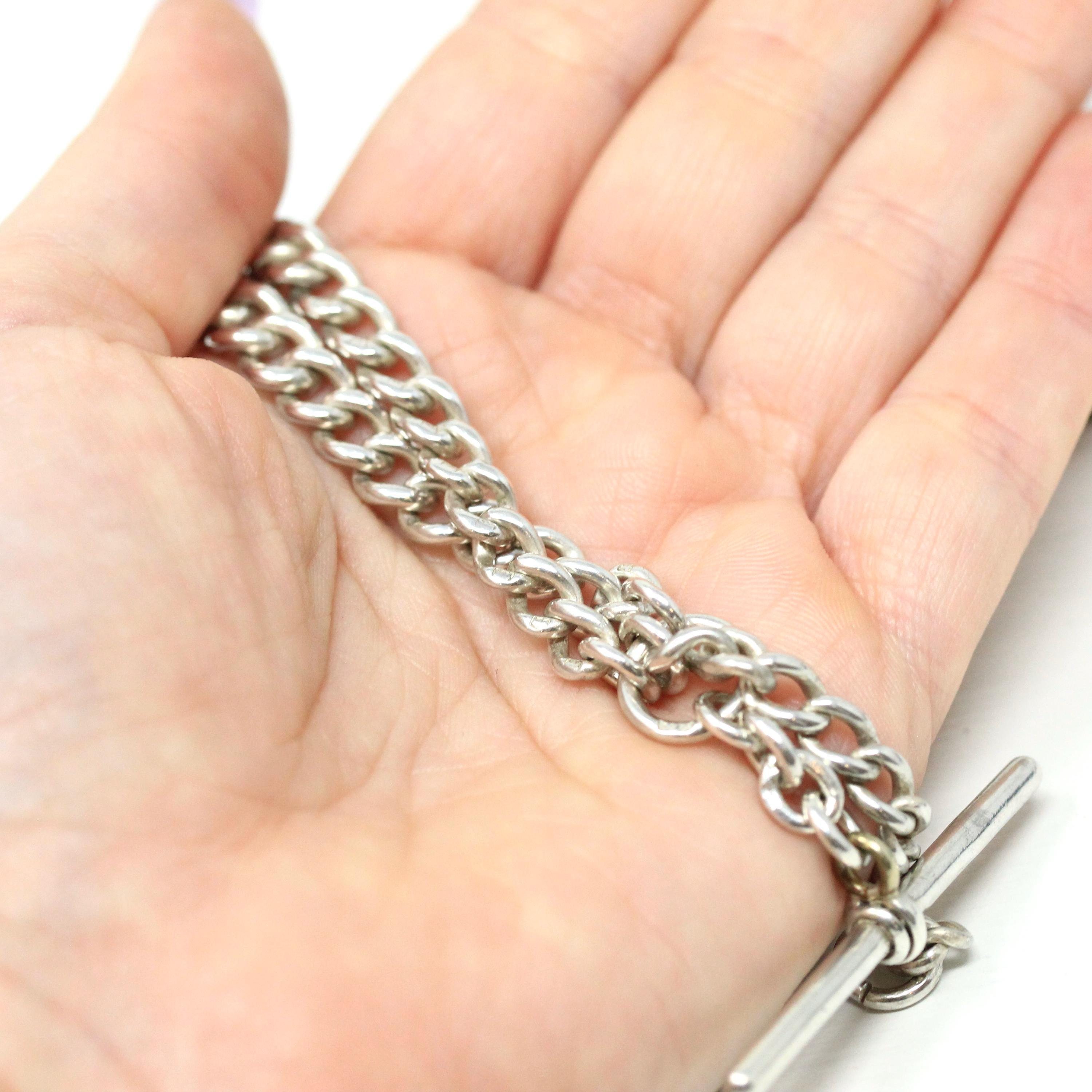 Pocket Watch Chain - Victorian Sterling Silver English Hallmark Curb Links Necklace - Antique Circa 1890s Era Fine Unisex Statement Jewelry