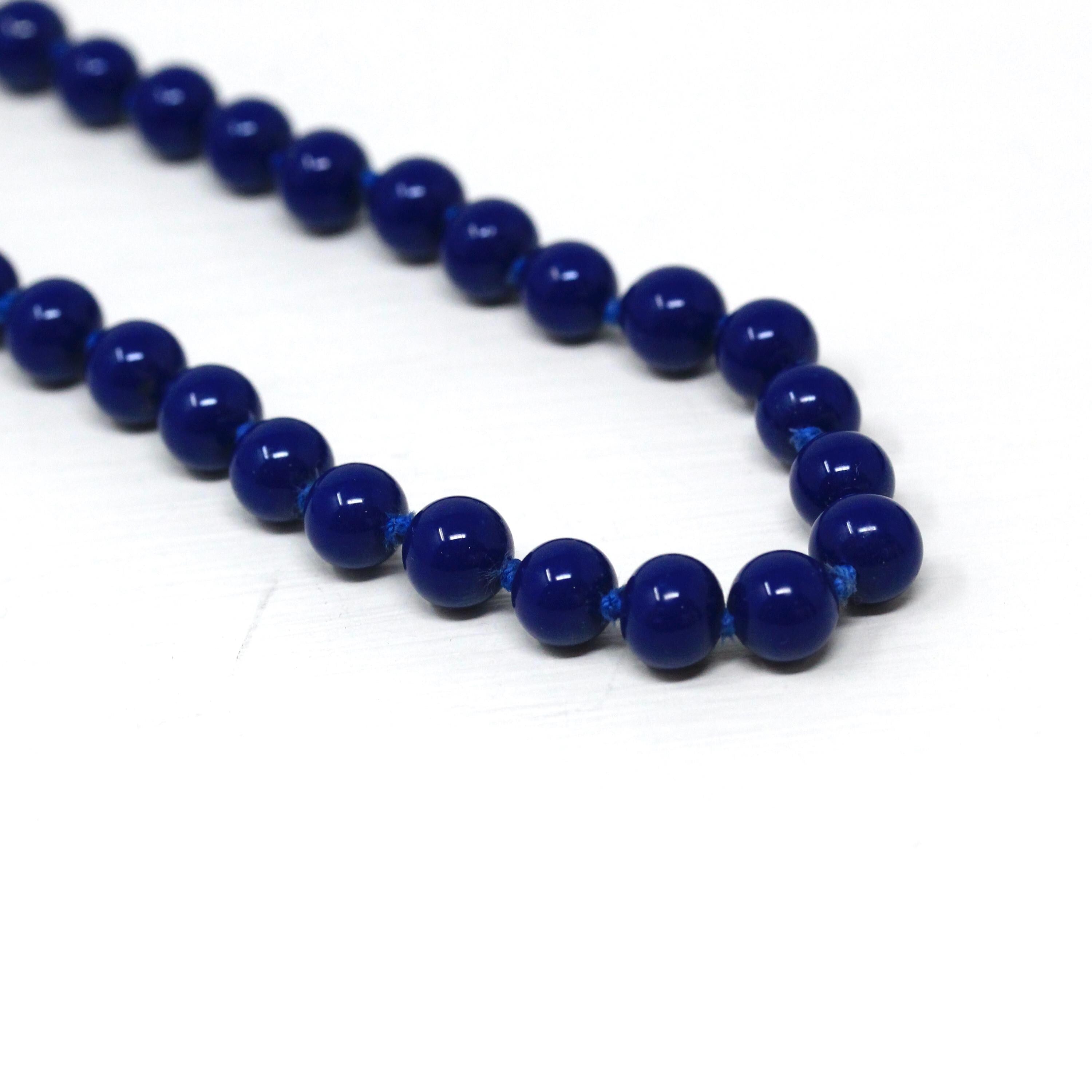 Vintage Beaded Necklace - Retro Sterling Silver Blue Round Glass Beads - Circa 1960s Era 17" Inch Statement Fashion Accessory 60s Jewelry