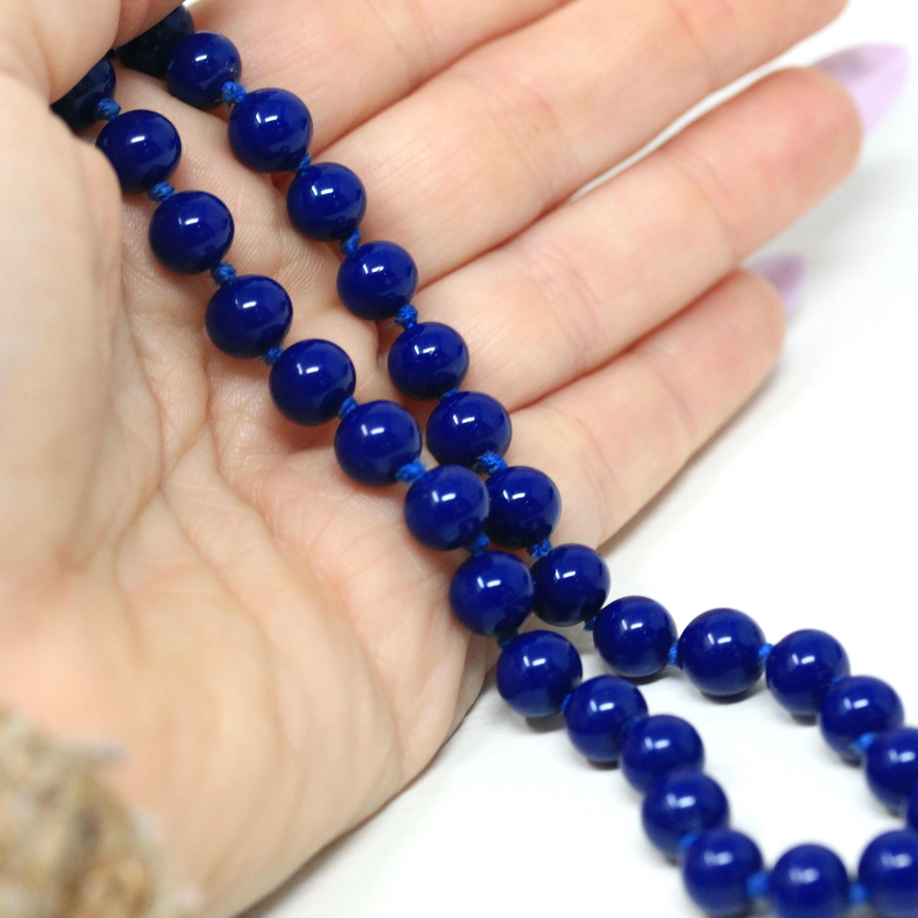 Vintage Beaded Necklace - Retro Sterling Silver Blue Round Glass Beads - Circa 1960s Era 17" Inch Statement Fashion Accessory 60s Jewelry