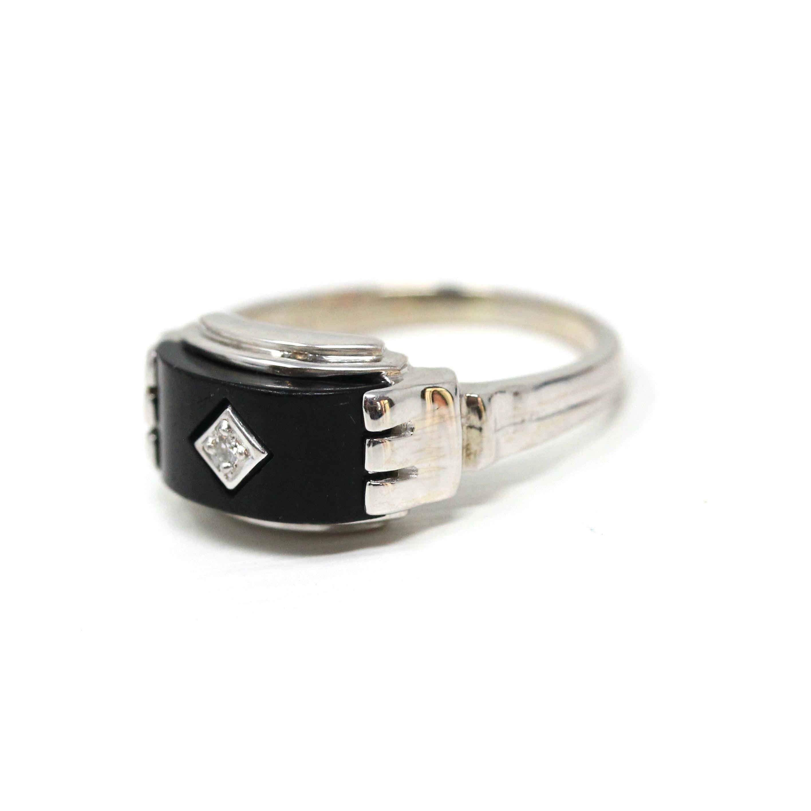 Onyx & Diamond Ring - Retro 14k White Gold Black Chalcedony Gemstone Band - Vintage Circa 1960s Era Size 7 Statement Baden Foss Fine Jewelry