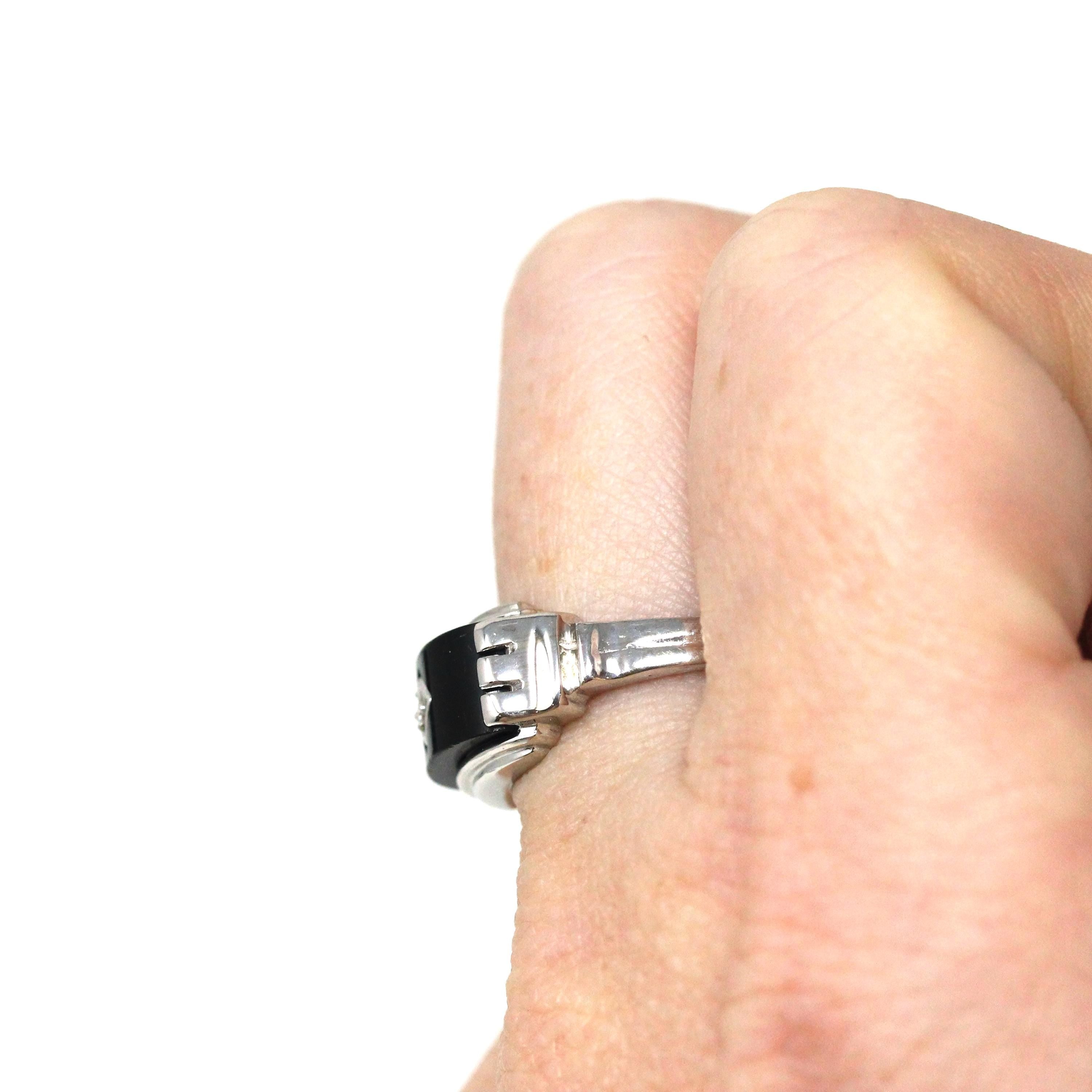 Onyx & Diamond Ring - Retro 14k White Gold Black Chalcedony Gemstone Band - Vintage Circa 1960s Era Size 7 Statement Baden Foss Fine Jewelry