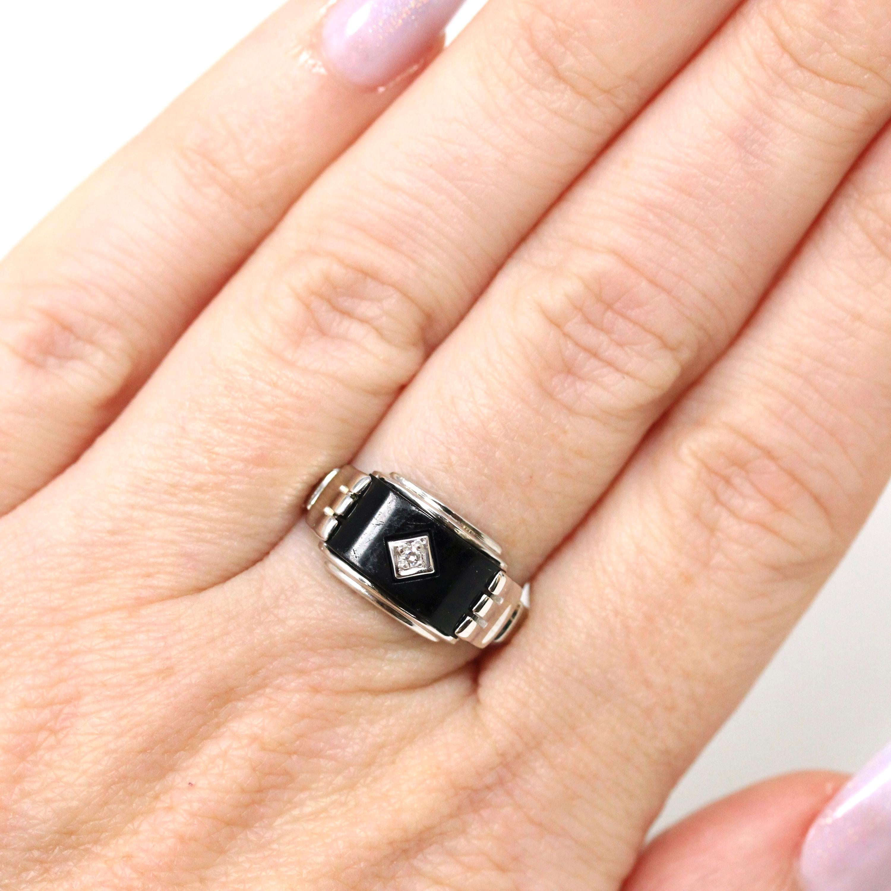 Onyx & Diamond Ring - Retro 14k White Gold Black Chalcedony Gemstone Band - Vintage Circa 1960s Era Size 7 Statement Baden Foss Fine Jewelry