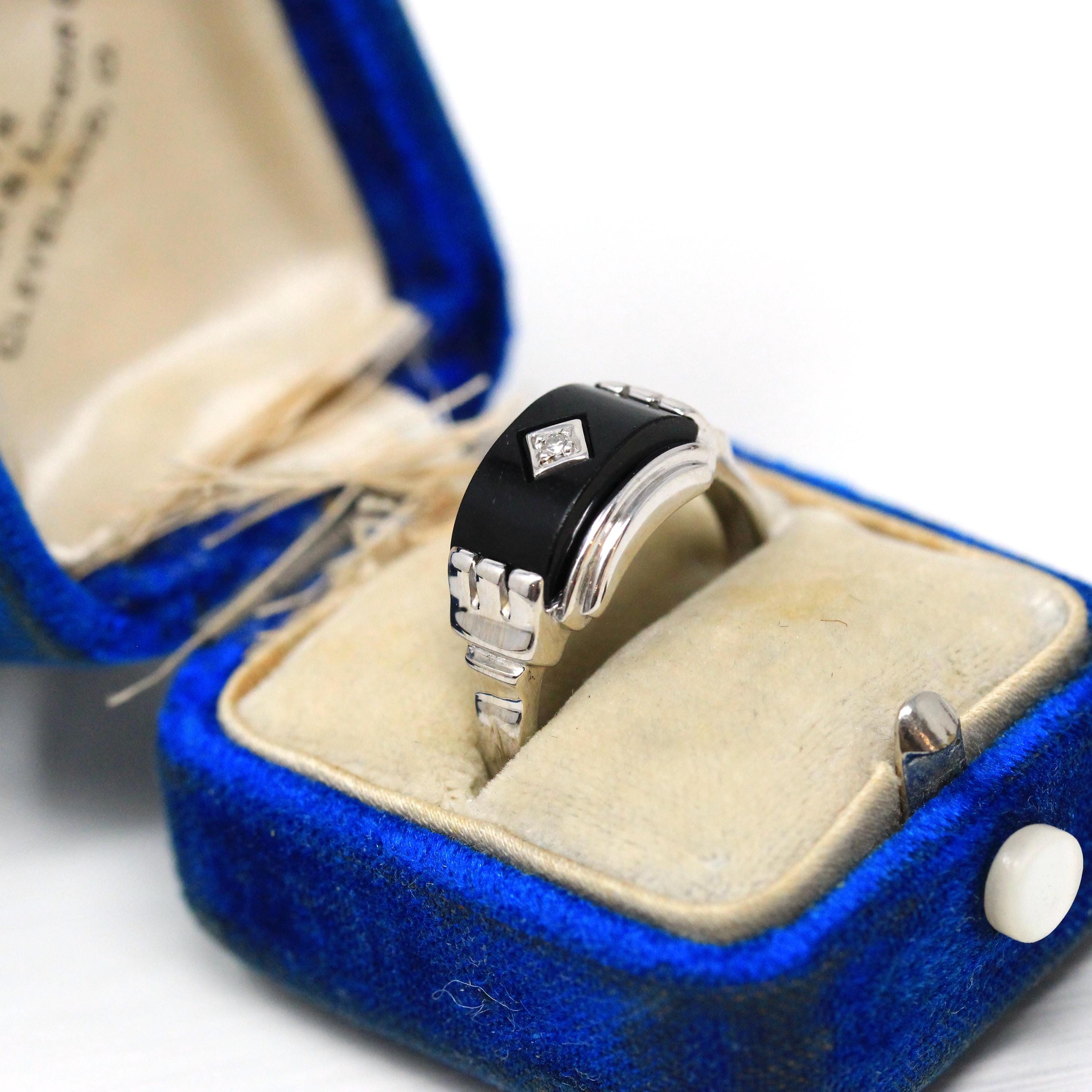 Onyx & Diamond Ring - Retro 14k White Gold Black Chalcedony Gemstone Band - Vintage Circa 1960s Era Size 7 Statement Baden Foss Fine Jewelry