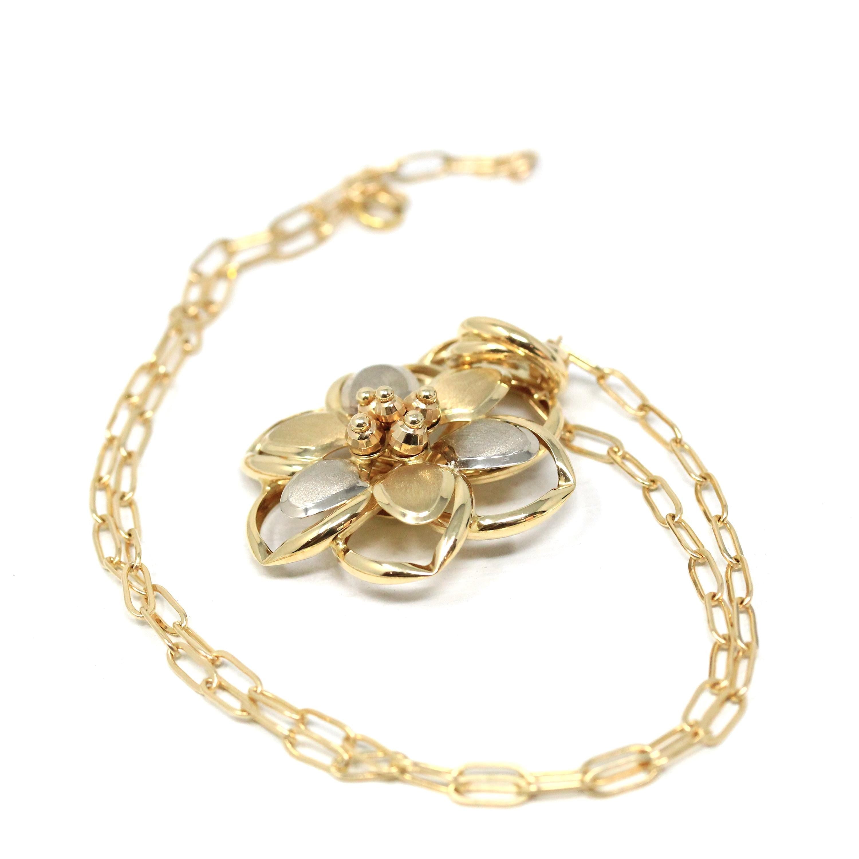 Modern Flower Necklace - Estate 14k 585 Yellow Gold Floral Pendant Charm - Circa 2000s Era Two Tone Statement Italian Italy Fine Jewelry