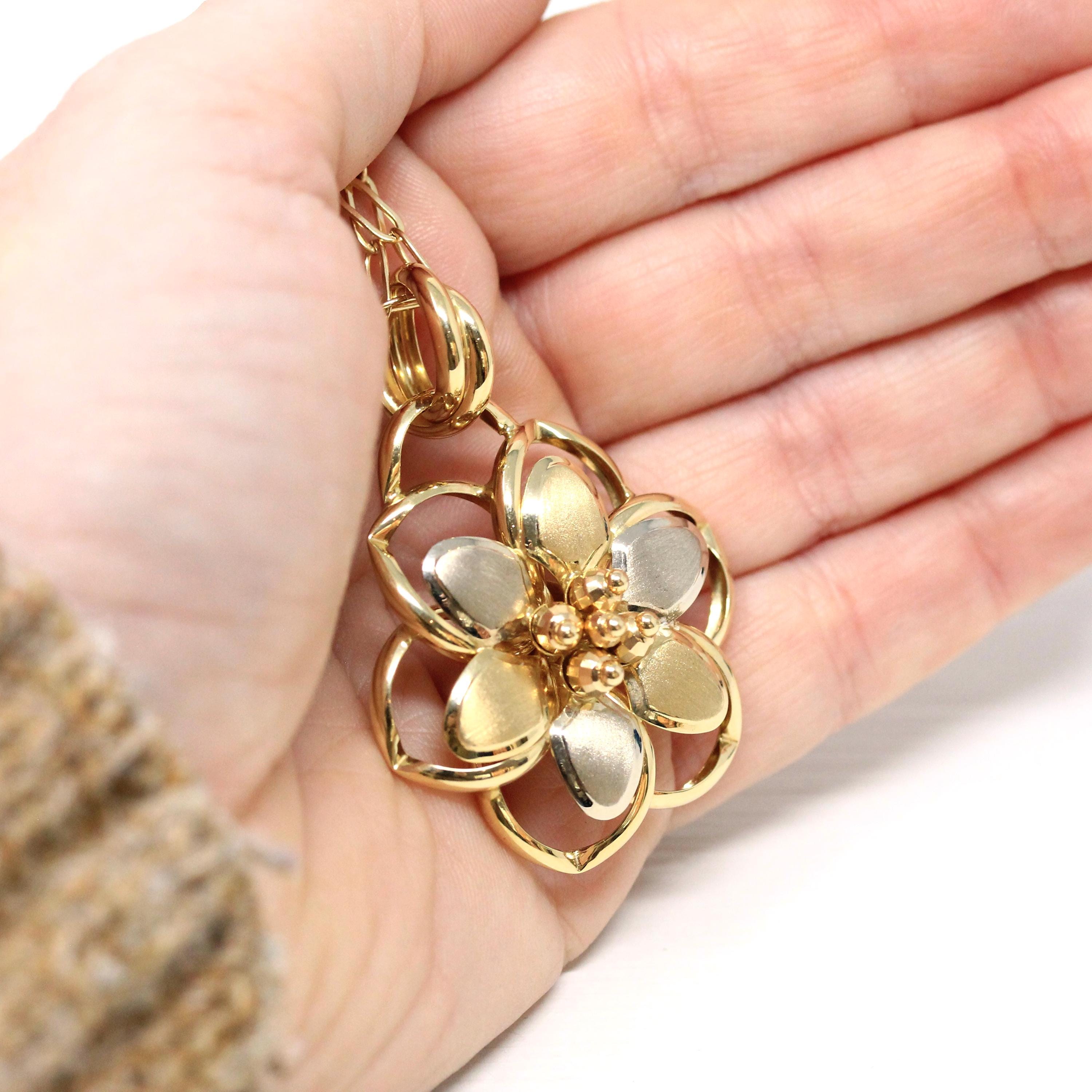 Modern Flower Necklace - Estate 14k 585 Yellow Gold Floral Pendant Charm - Circa 2000s Era Two Tone Statement Italian Italy Fine Jewelry