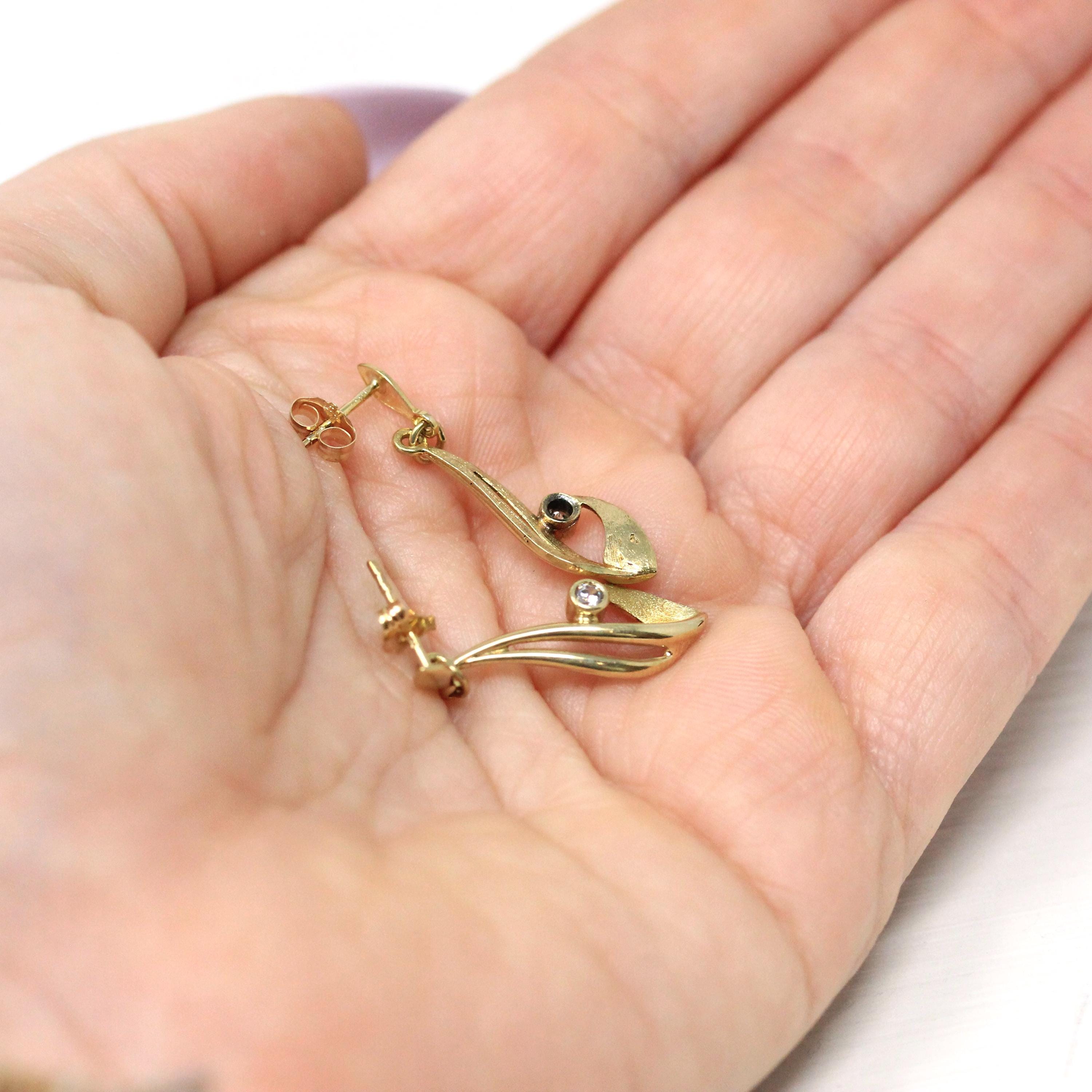 Cubic Zirconia Earrings - Modern 10k Yellow Gold Pierced Push Backs Dangle Drop Style - Estate Circa 2000's Era Fashion Accessory Jewelry