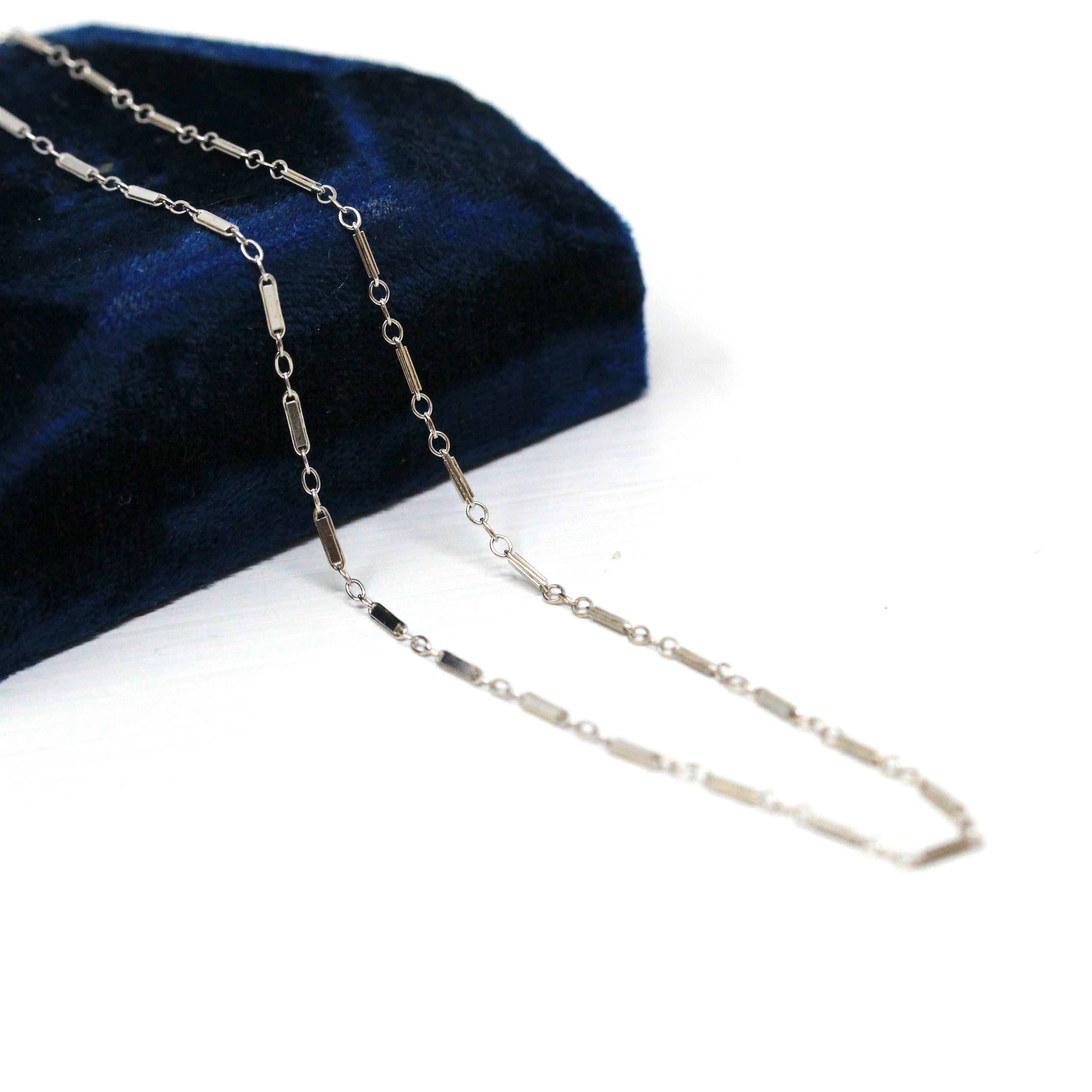 Vintage Chain Necklace - Art Deco 14k White Gold Fancy Decorative Paper Clip Link - Circa 1930s Era Fish Hook Clasp Dainty Accessory Jewelry