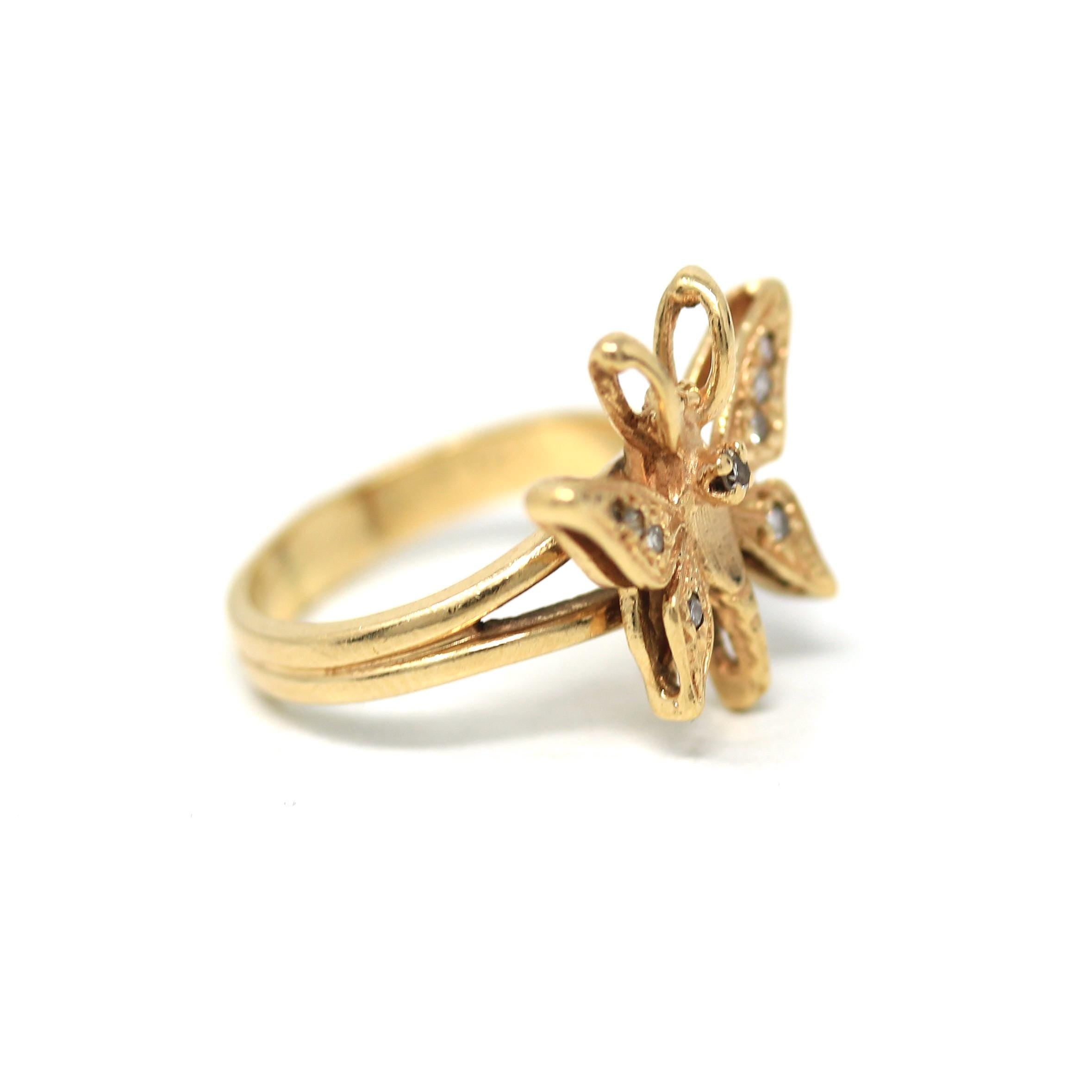 Estate Butterfly Ring - Modern 14k Yellow Gold Natural Diamond Gemstones - Circa 1990s Size 3 1/4 Statement Figural Winged Bug Fine Jewelry