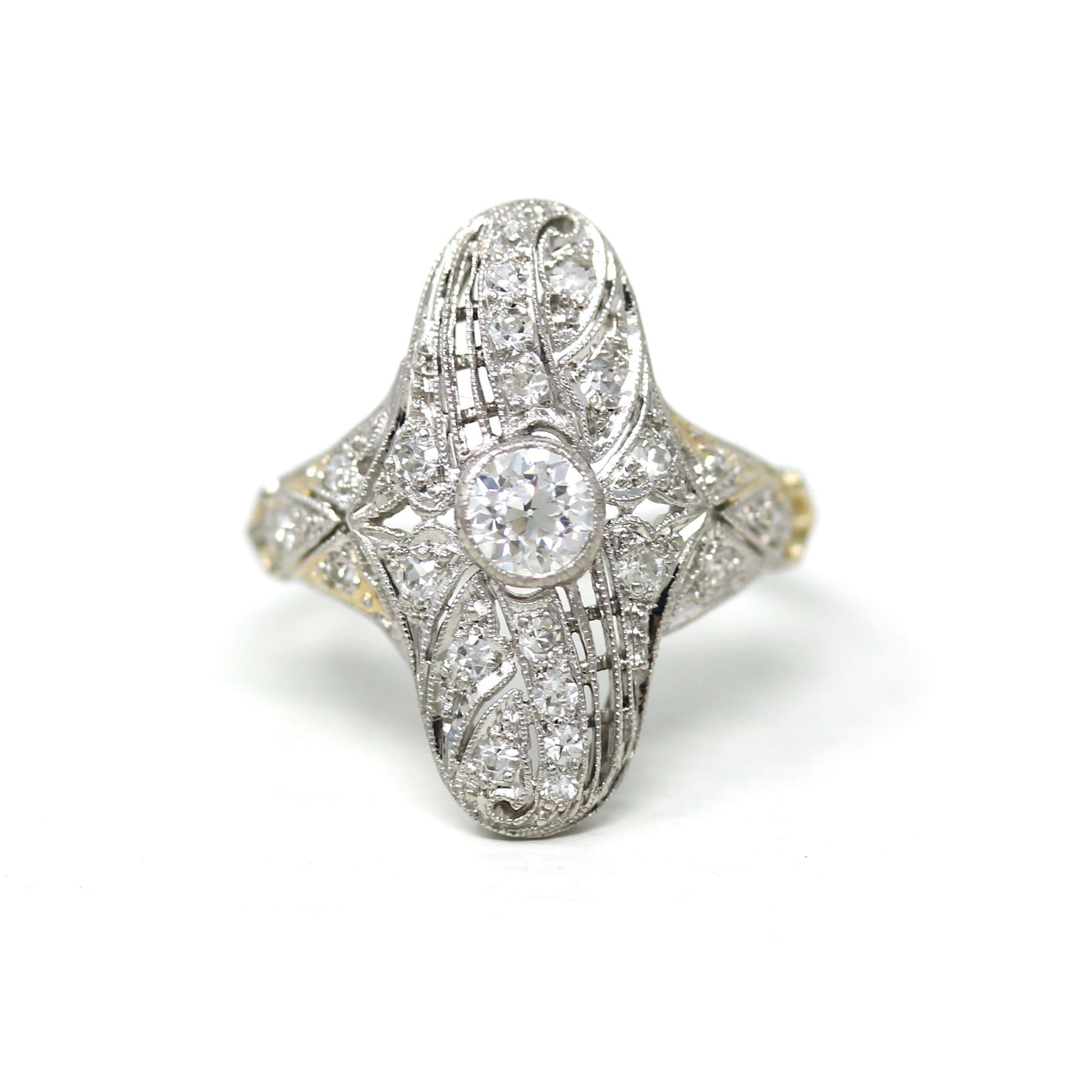 Art Deco Shield Ring - Vintage Platinum Natural Genuine Diamond Statement Filigree - Antique 1920s Era Size 6 1/4 Handmade Fine 20s Jewelry