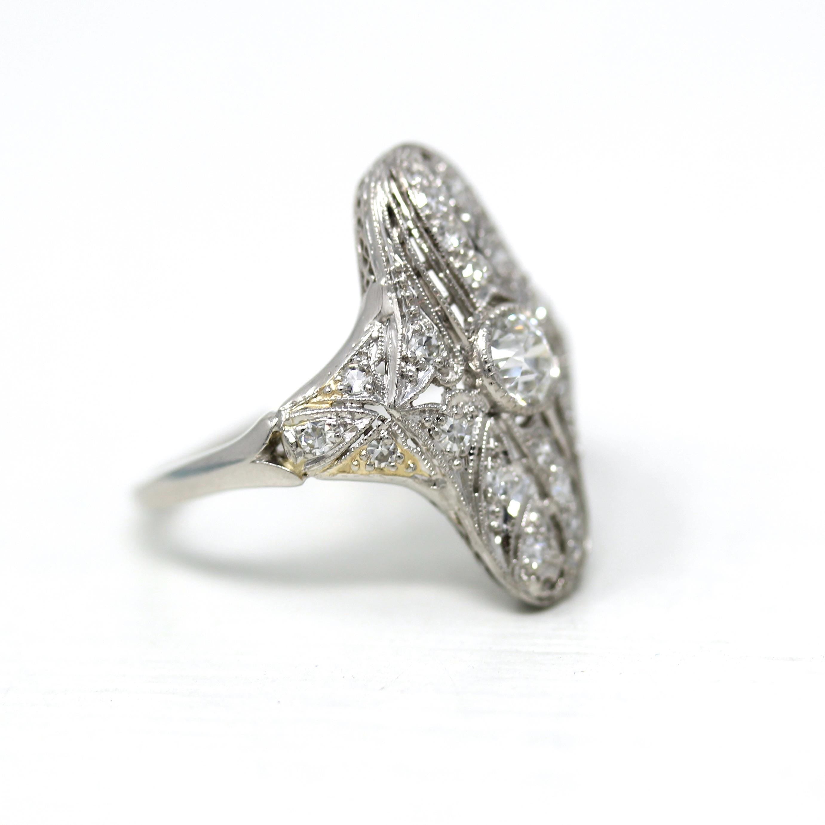 Art Deco Shield Ring - Vintage Platinum Natural Genuine Diamond Statement Filigree - Antique 1920s Era Size 6 1/4 Handmade Fine 20s Jewelry