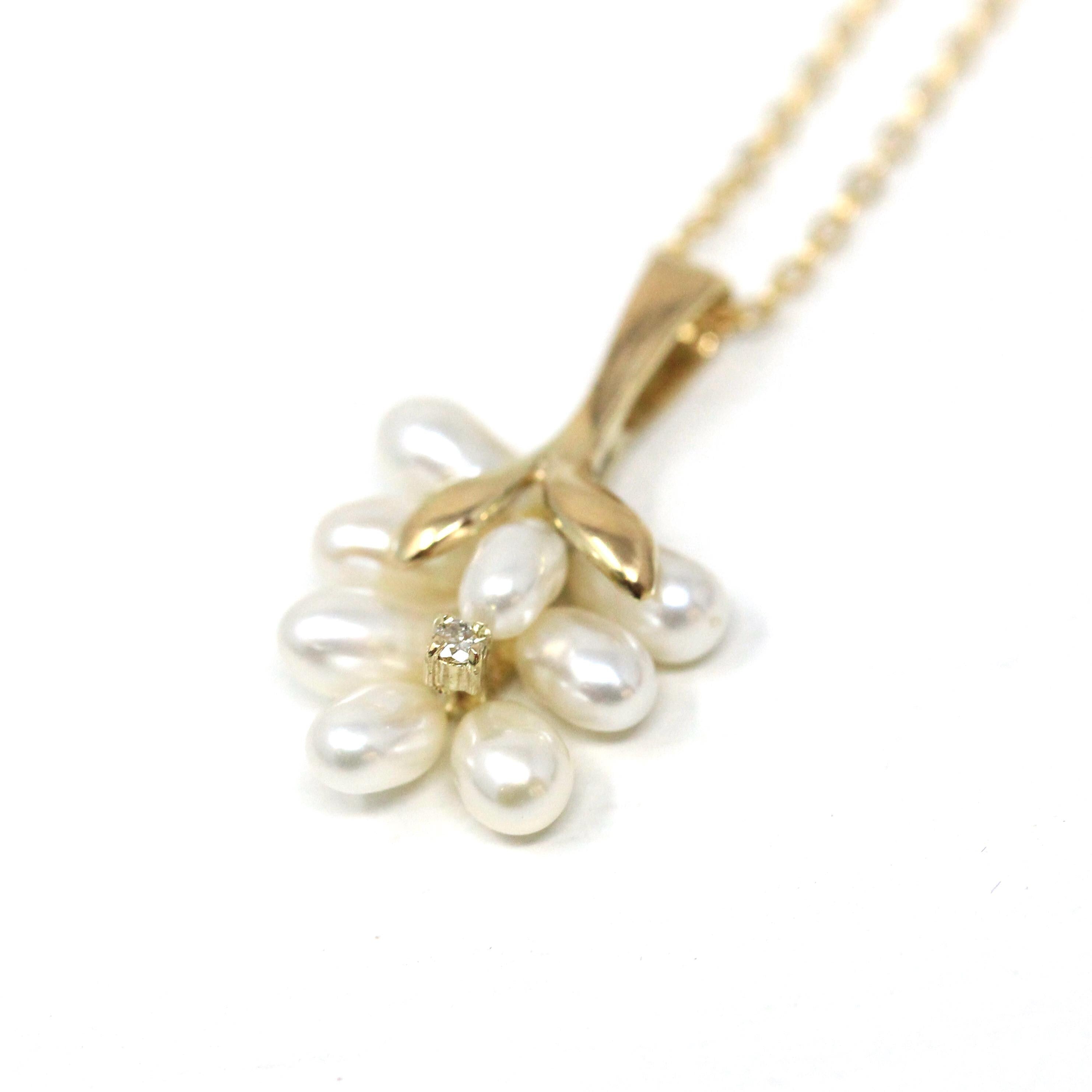 Grape Cluster Necklace - Modern 14k Yellow Gold Diamond & Fresh Water Pearls Pendant Charm - Estate Era Circa 2000's Era Dainty Fine Jewelry