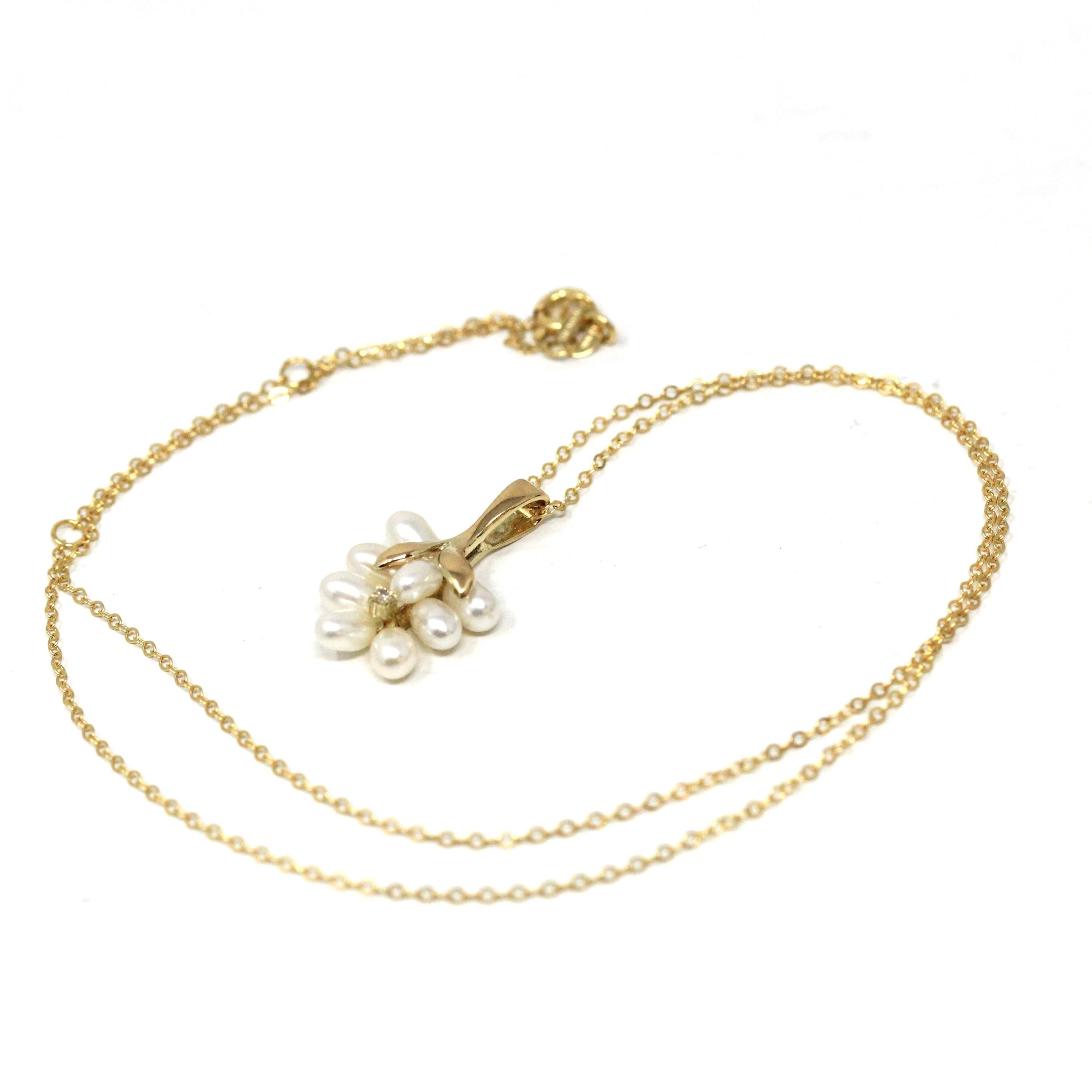 Grape Cluster Necklace - Modern 14k Yellow Gold Diamond & Fresh Water Pearls Pendant Charm - Estate Era Circa 2000's Era Dainty Fine Jewelry