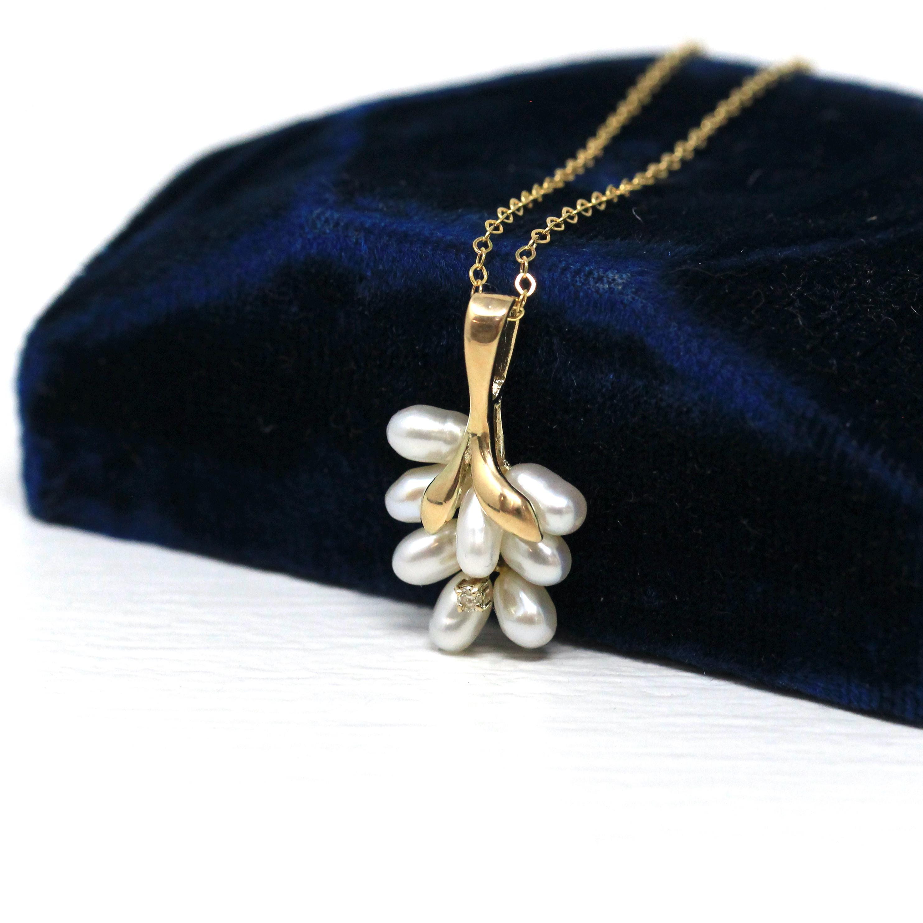 Grape Cluster Necklace - Modern 14k Yellow Gold Diamond & Fresh Water Pearls Pendant Charm - Estate Era Circa 2000's Era Dainty Fine Jewelry