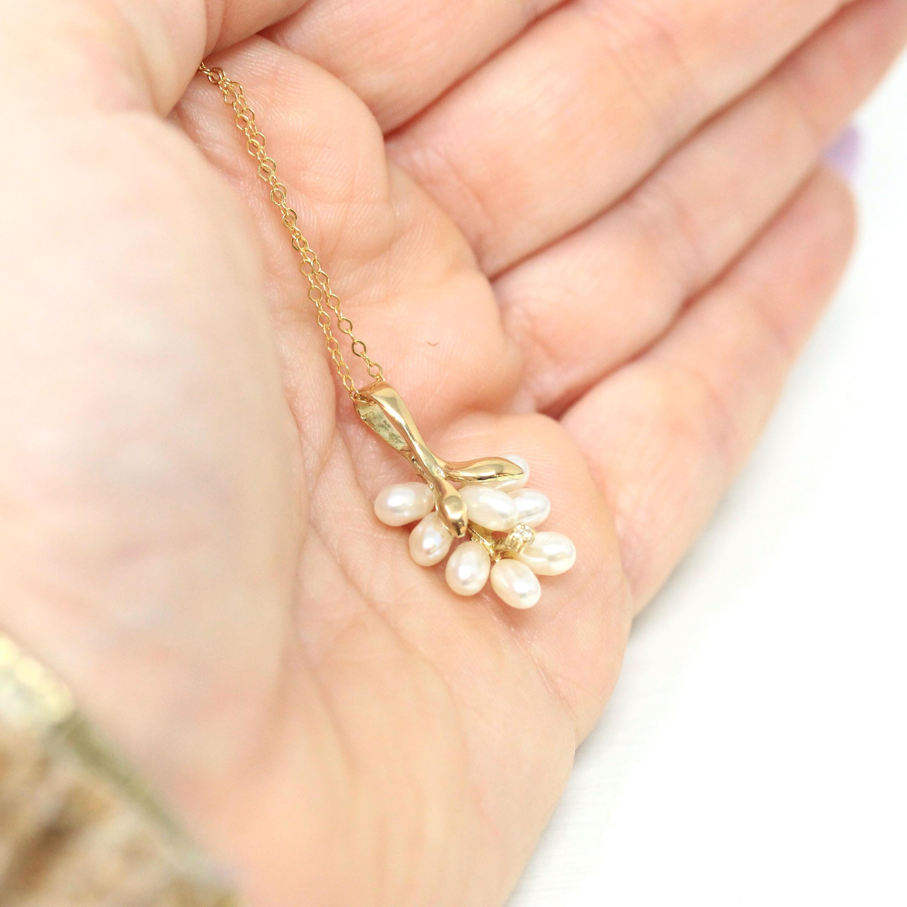 Grape Cluster Necklace - Modern 14k Yellow Gold Diamond & Fresh Water Pearls Pendant Charm - Estate Era Circa 2000's Era Dainty Fine Jewelry