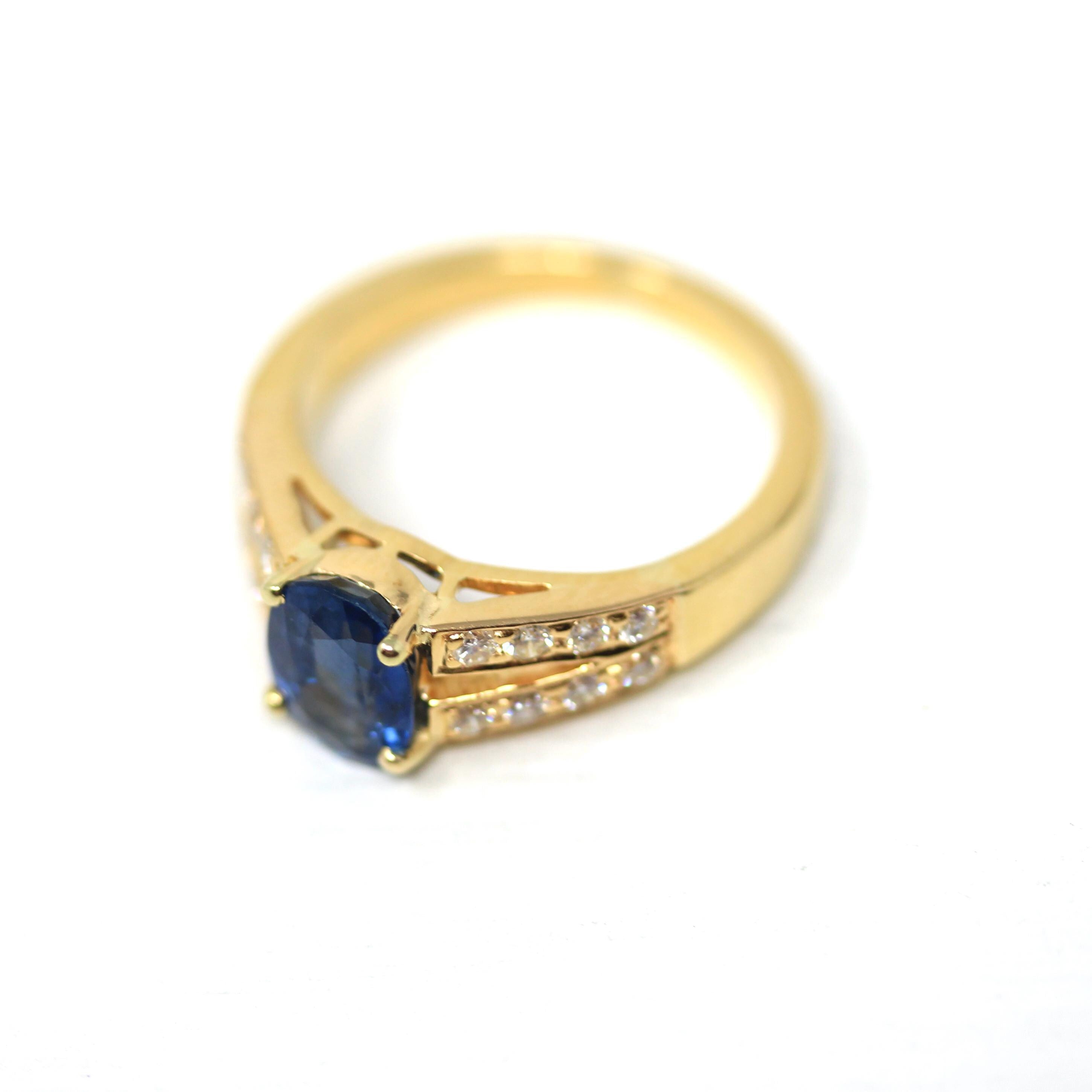 Sapphire & Diamond Ring - Modern 18k Yellow Gold Natural Gemstones Split Shank Engagement - Estate Circa 2000's Era Size 4 1/4 Fine Jewelry