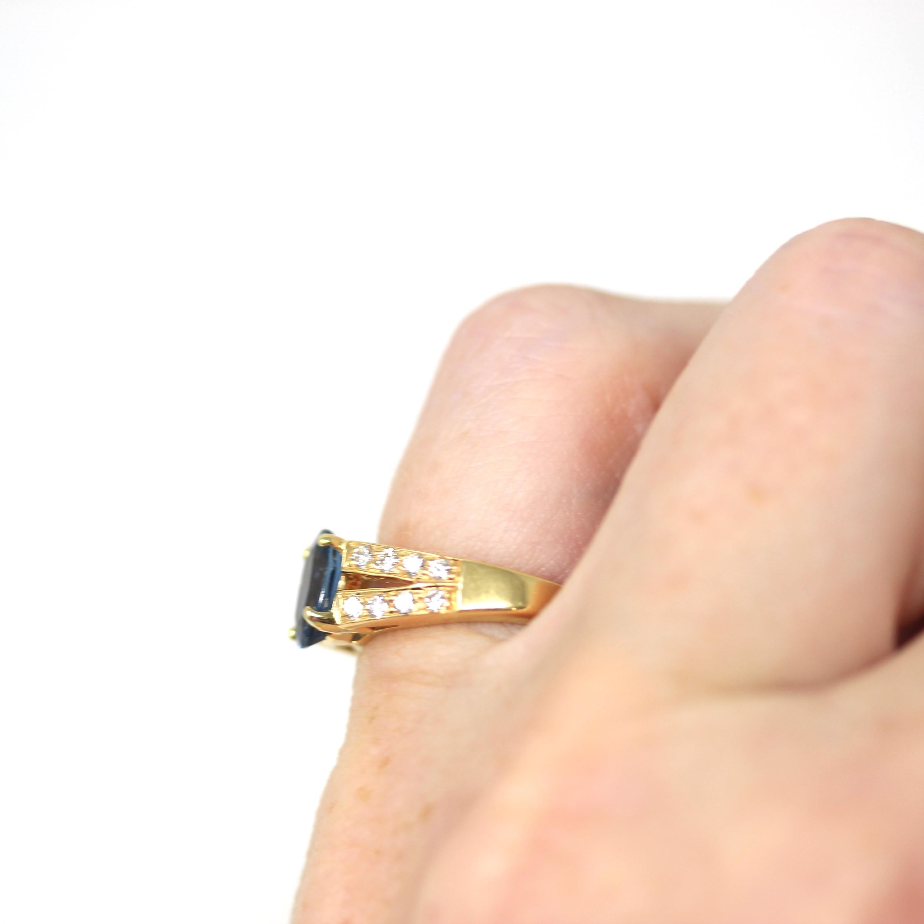 Sapphire & Diamond Ring - Modern 18k Yellow Gold Natural Gemstones Split Shank Engagement - Estate Circa 2000's Era Size 4 1/4 Fine Jewelry