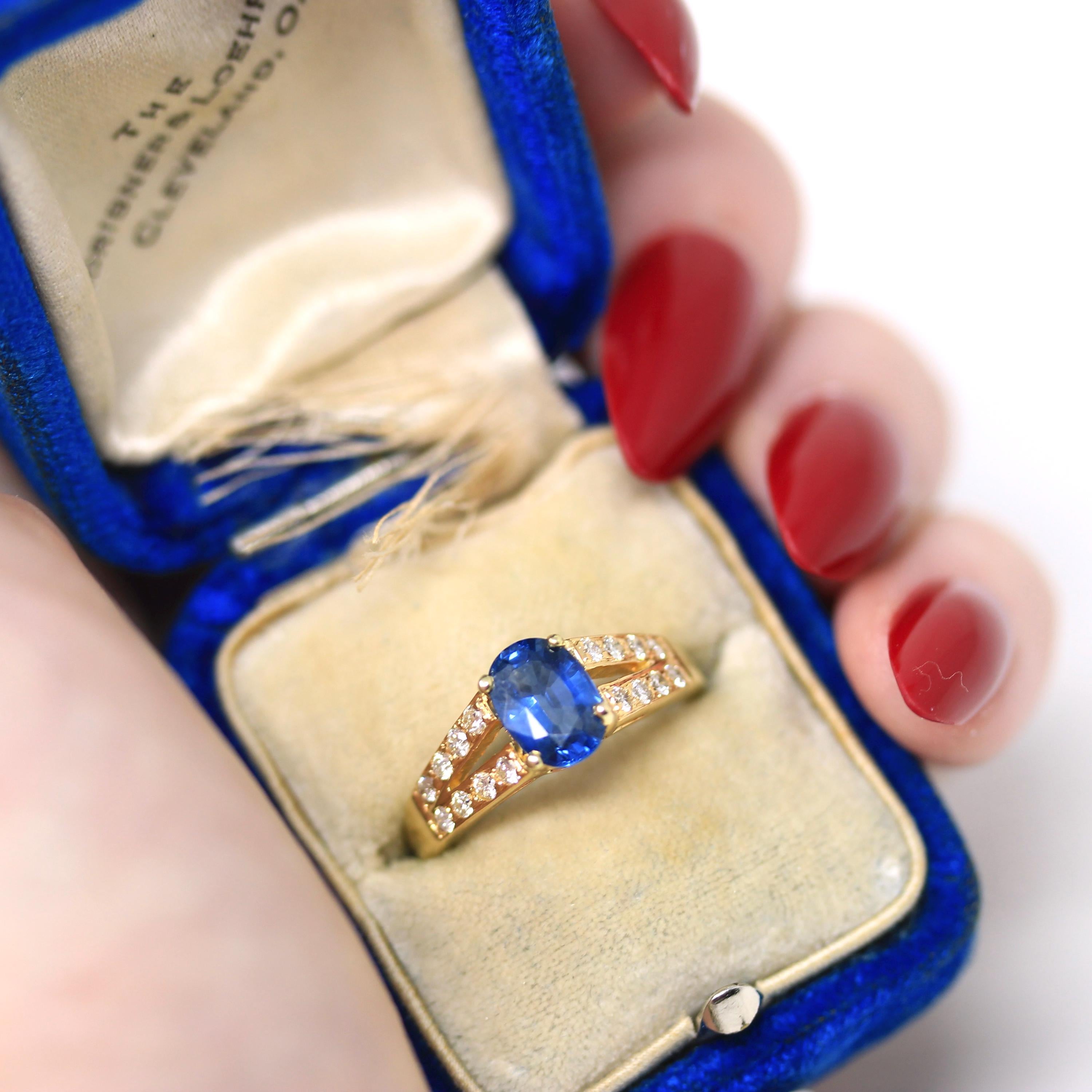 Sapphire & Diamond Ring - Modern 18k Yellow Gold Natural Gemstones Split Shank Engagement - Estate Circa 2000's Era Size 4 1/4 Fine Jewelry