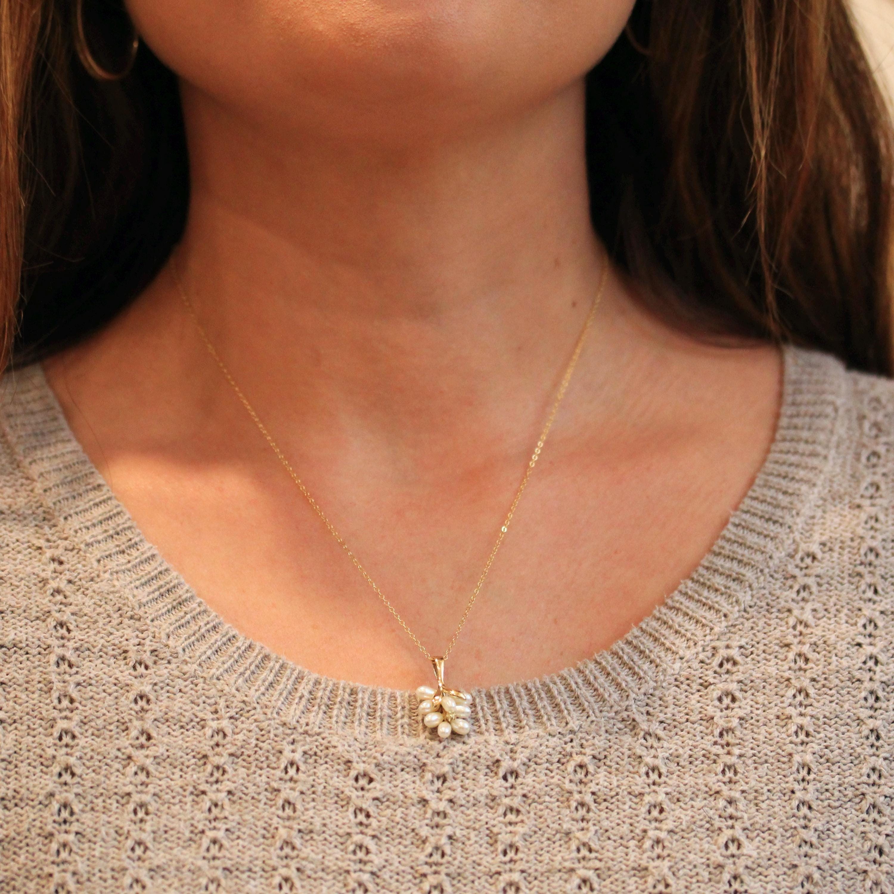 Grape Cluster Necklace - Modern 14k Yellow Gold Diamond & Fresh Water Pearls Pendant Charm - Estate Era Circa 2000's Era Dainty Fine Jewelry