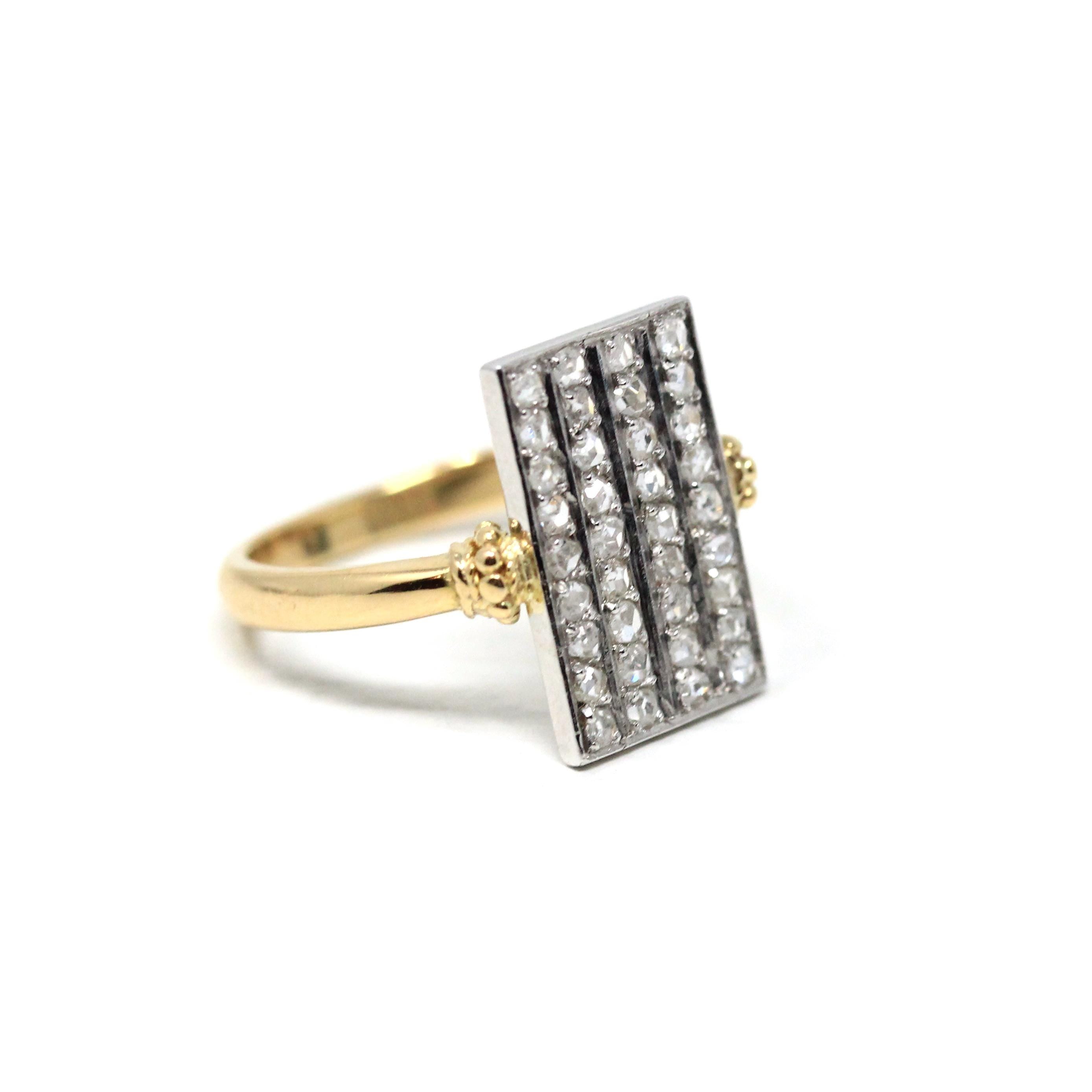 Diamond Shield Ring - Modern 18k Yellow Gold & Platinum Two Tone Natural Rose Cut Gems - Estate Vintage Fine Rectangular Statement Jewelry