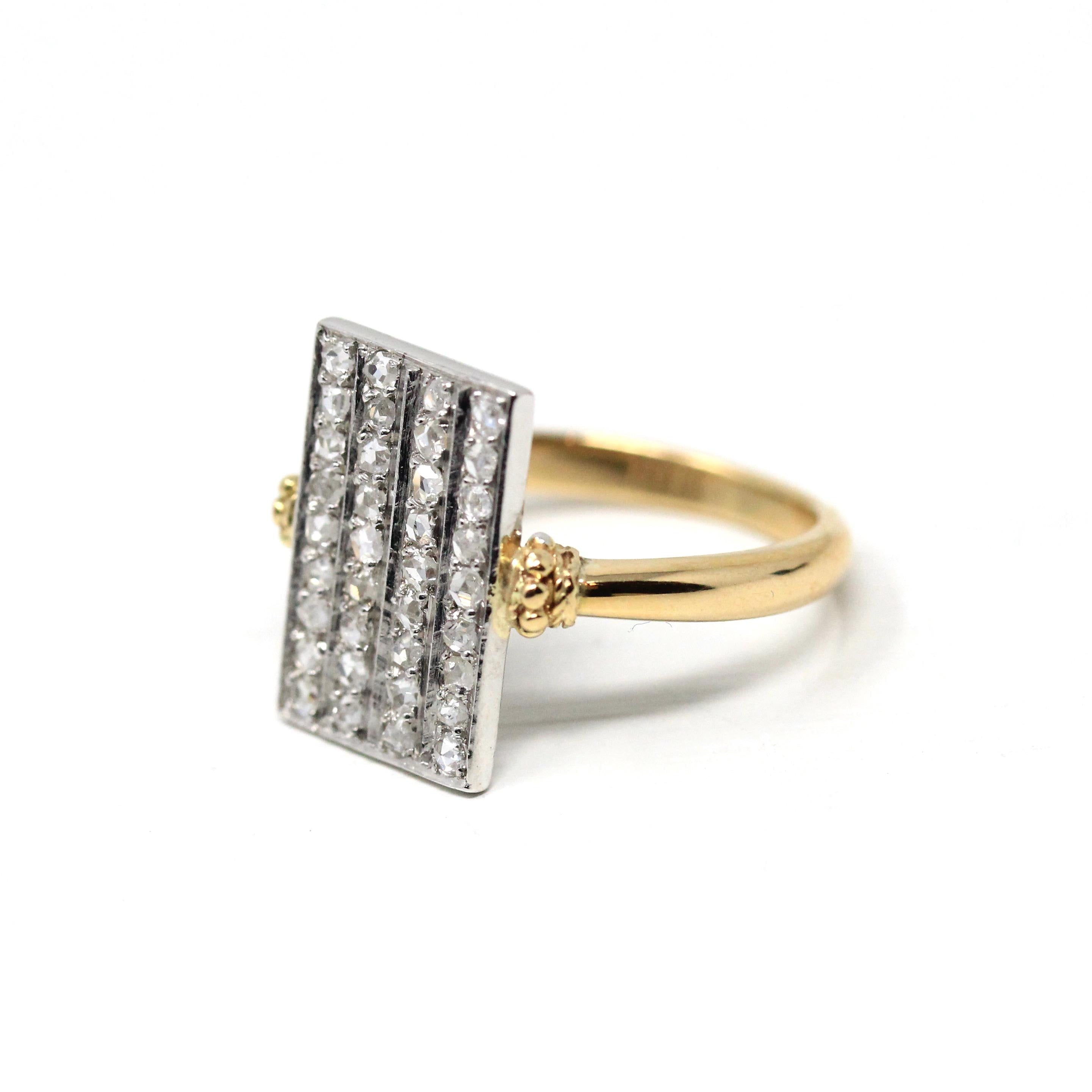 Diamond Shield Ring - Modern 18k Yellow Gold & Platinum Two Tone Natural Rose Cut Gems - Estate Vintage Fine Rectangular Statement Jewelry