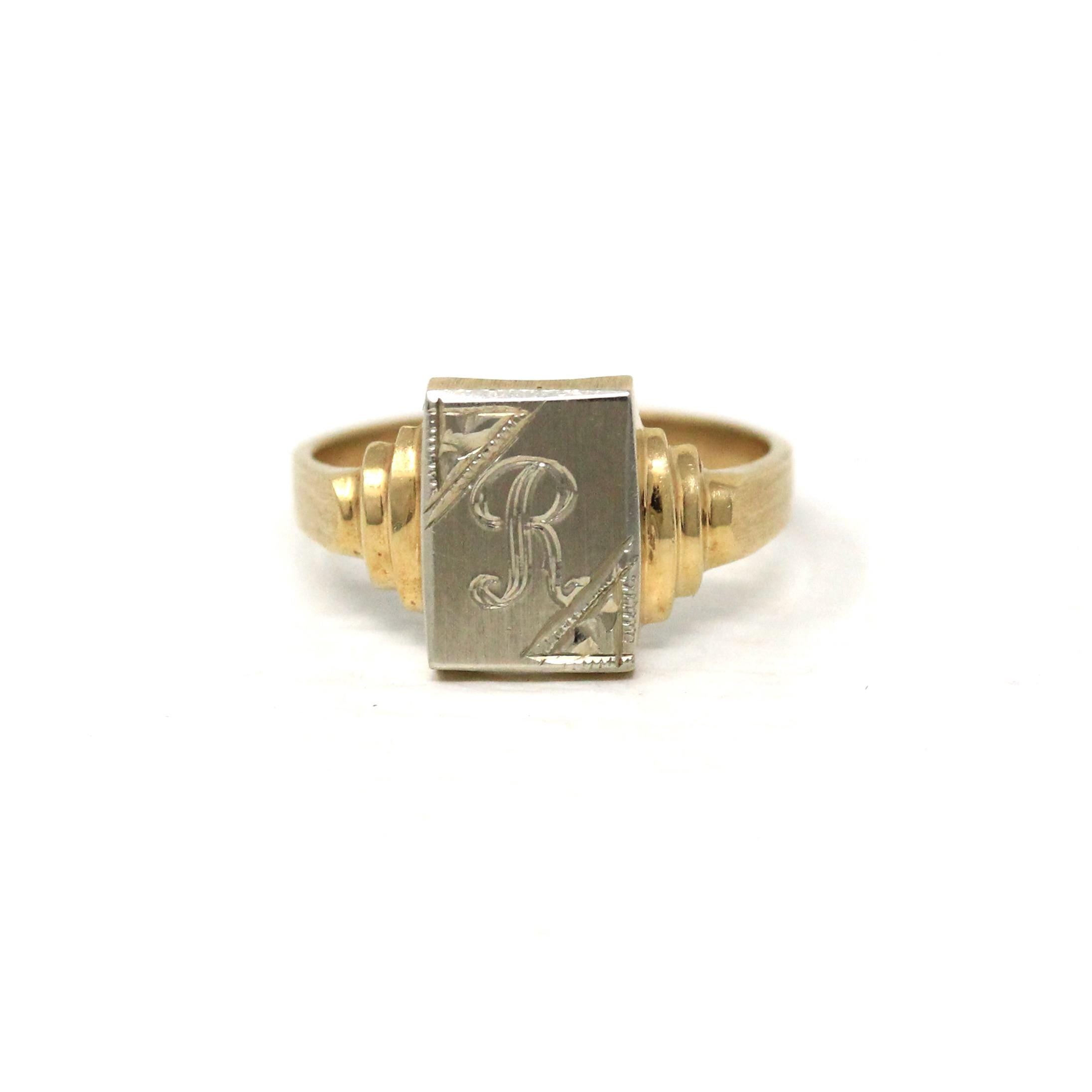 Letter "R" Ring - Retro 14k Yellow White Two Tone Gold Engraved Initial Signet - Vintage Circa 1940s Era Size 2 1/2 Pinky Midi Fine Jewelry
