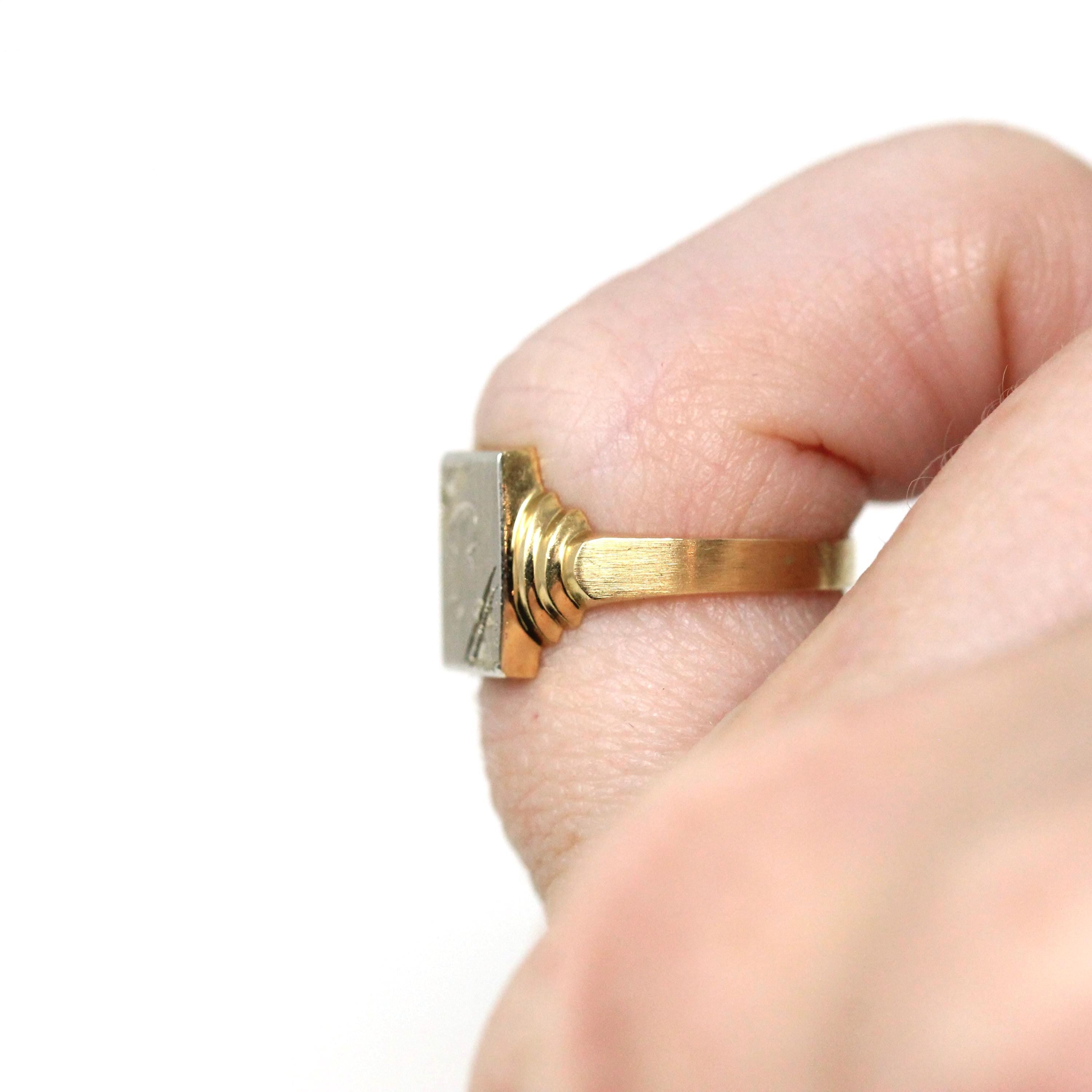 Letter "R" Ring - Retro 14k Yellow White Two Tone Gold Engraved Initial Signet - Vintage Circa 1940s Era Size 2 1/2 Pinky Midi Fine Jewelry