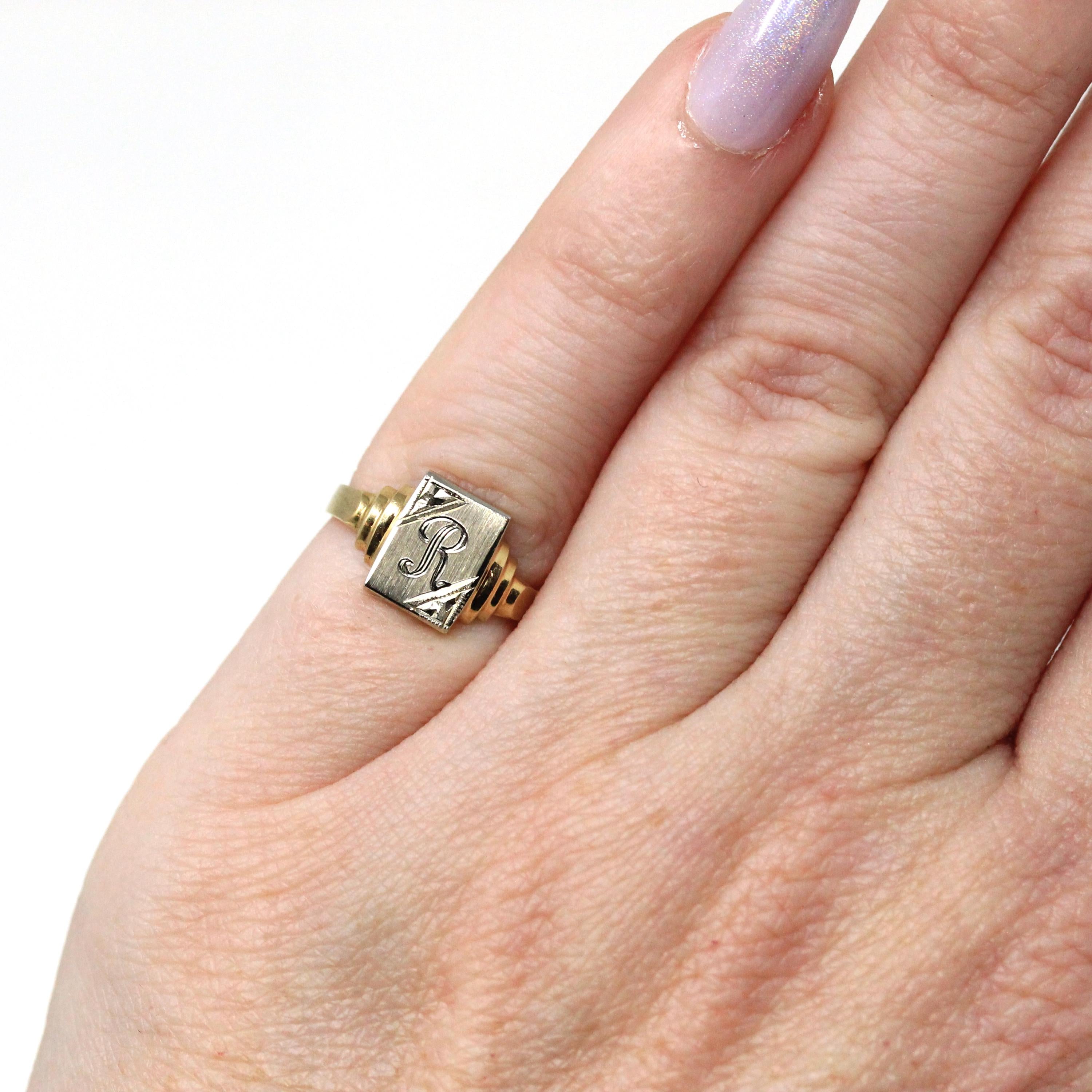 Letter "R" Ring - Retro 14k Yellow White Two Tone Gold Engraved Initial Signet - Vintage Circa 1940s Era Size 2 1/2 Pinky Midi Fine Jewelry