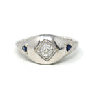 Art Deco Filigree Ring - Antique 18k White Gold Natural Diamond Created Sapphire Engagement Band - Circa 1920s Size 6 Floral Fine Jewelry