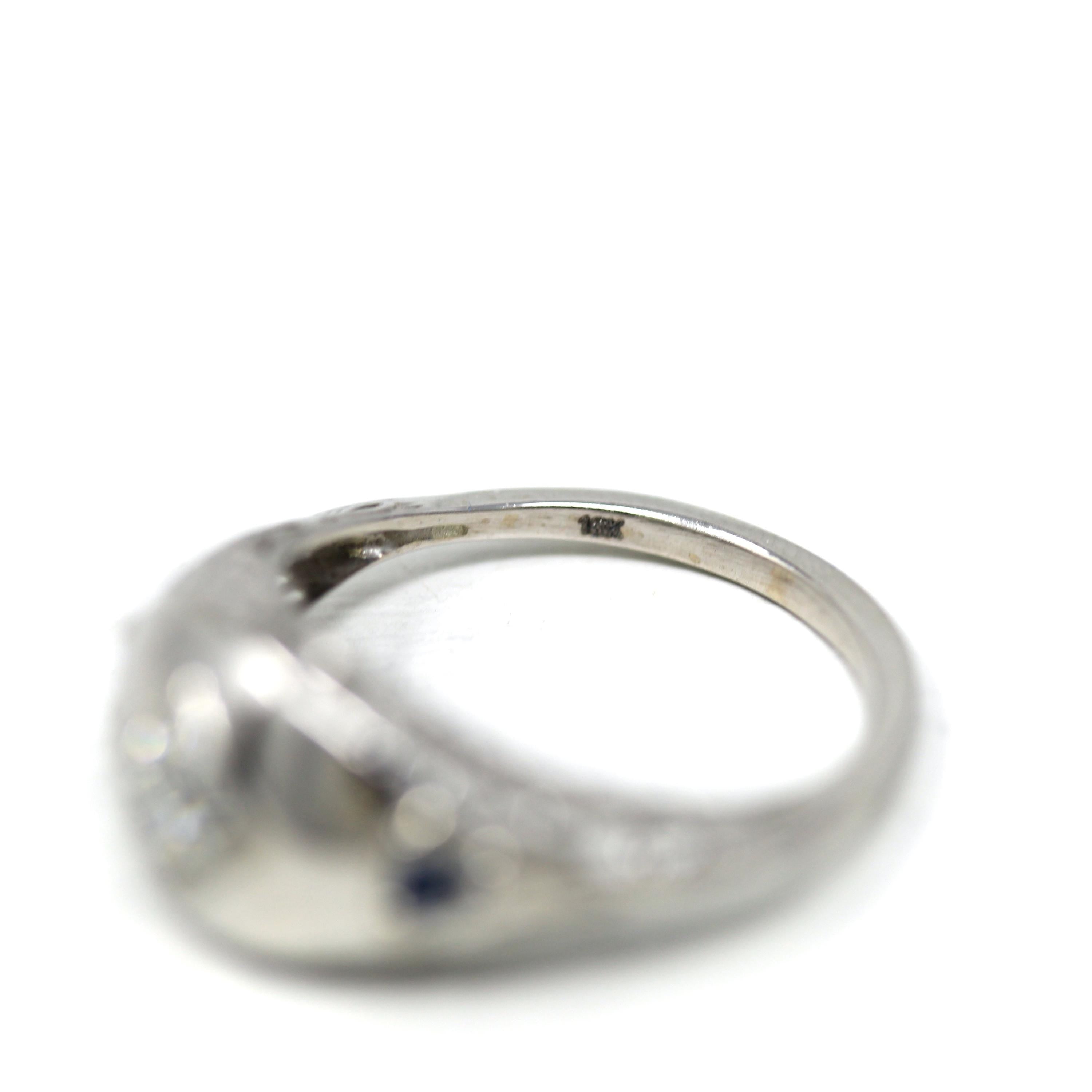 Art Deco Filigree Ring - Antique 18k White Gold Natural Diamond Created Sapphire Engagement Band - Circa 1920s Size 6 Floral Fine Jewelry