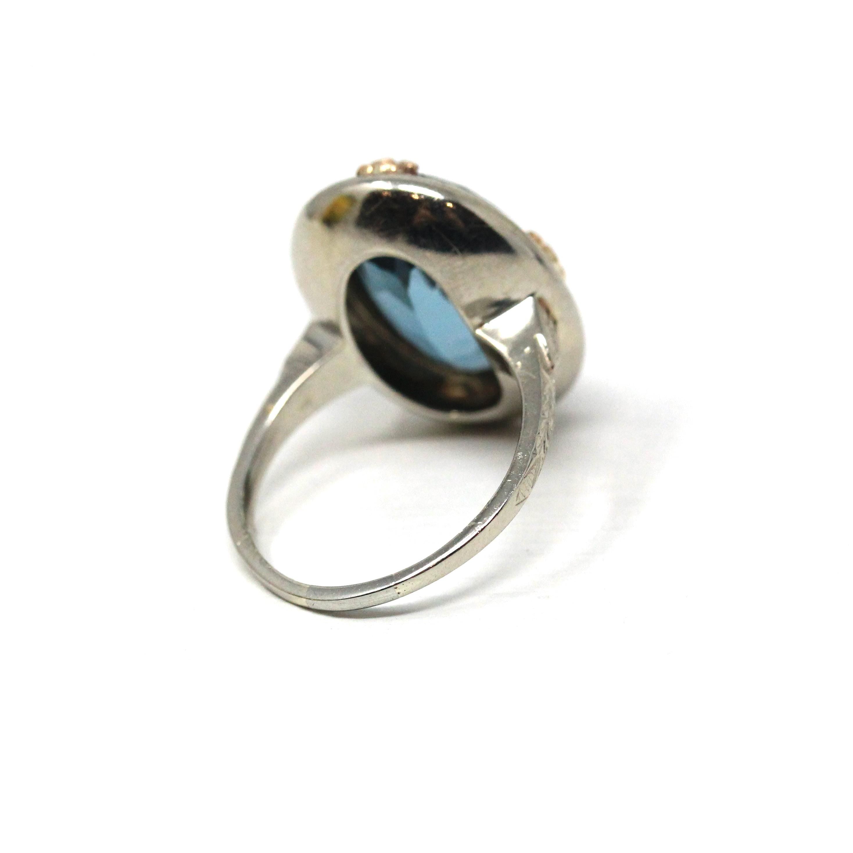 Art Deco Ring - Vintage 14k White Rose Gold Created Blue Spinel Black Enamel Halo Two Tone - Circa 1930s Era Size 6 1/2 Floral Fine Jewelry