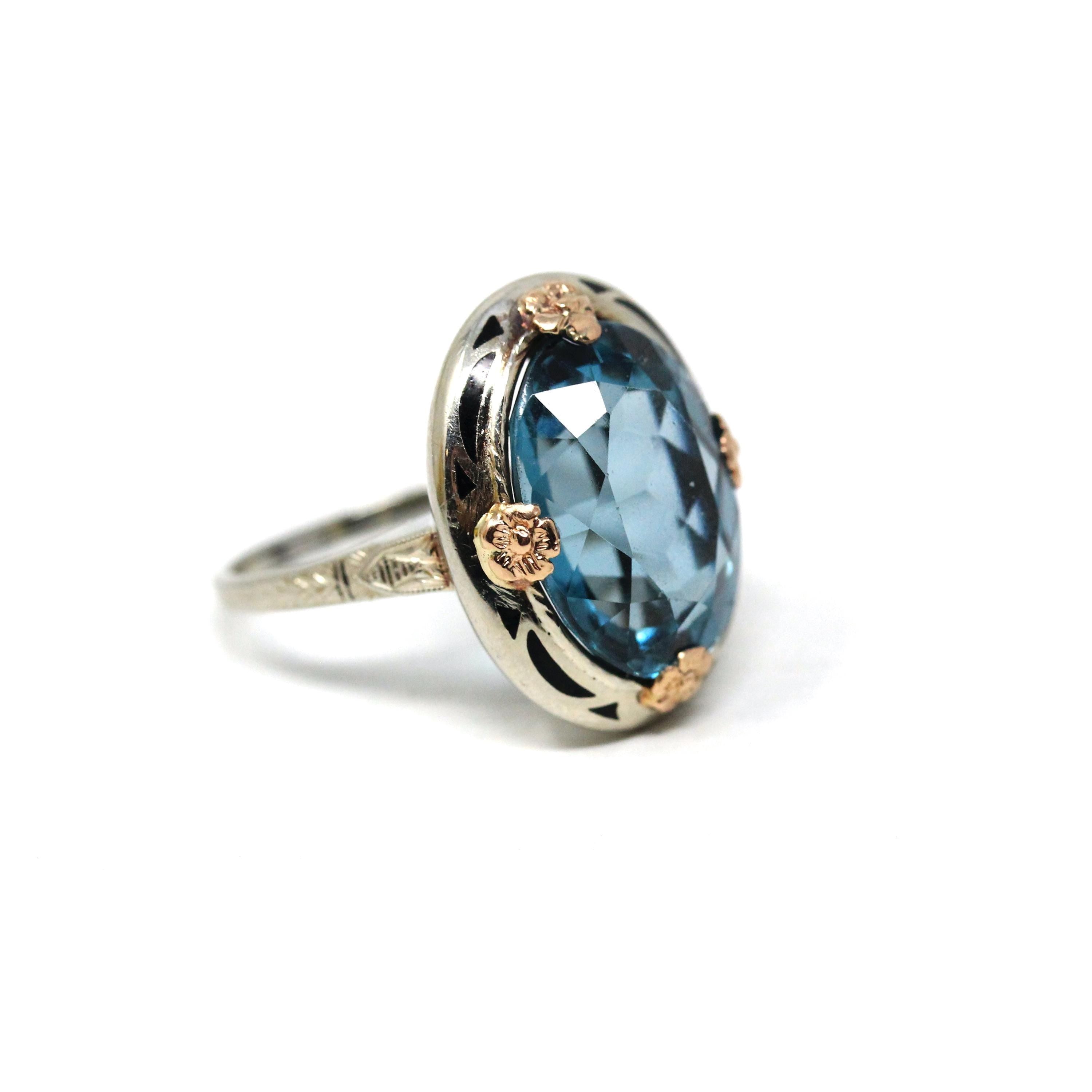 Art Deco Ring - Vintage 14k White Rose Gold Created Blue Spinel Black Enamel Halo Two Tone - Circa 1930s Era Size 6 1/2 Floral Fine Jewelry