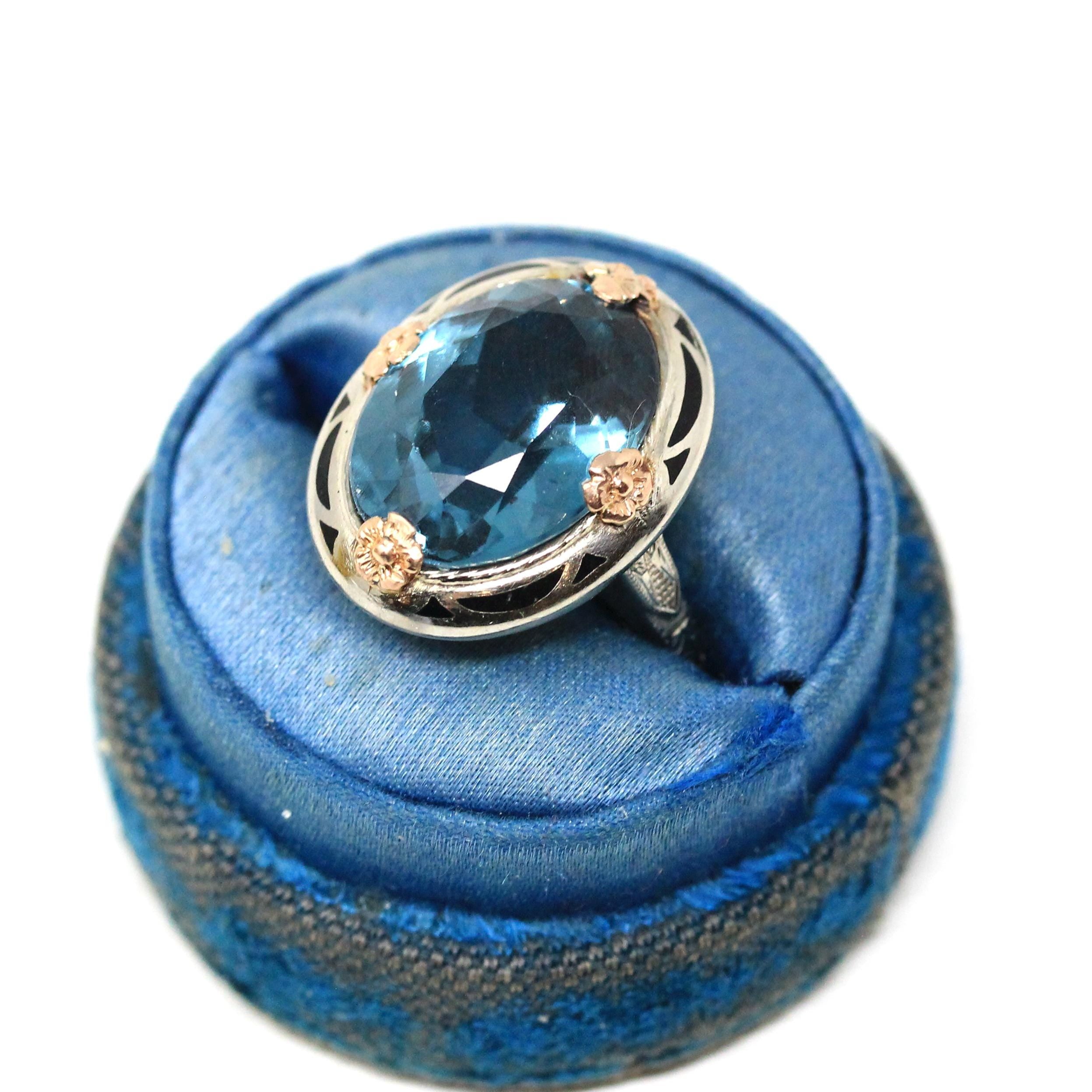 Art Deco Ring - Vintage 14k White Rose Gold Created Blue Spinel Black Enamel Halo Two Tone - Circa 1930s Era Size 6 1/2 Floral Fine Jewelry