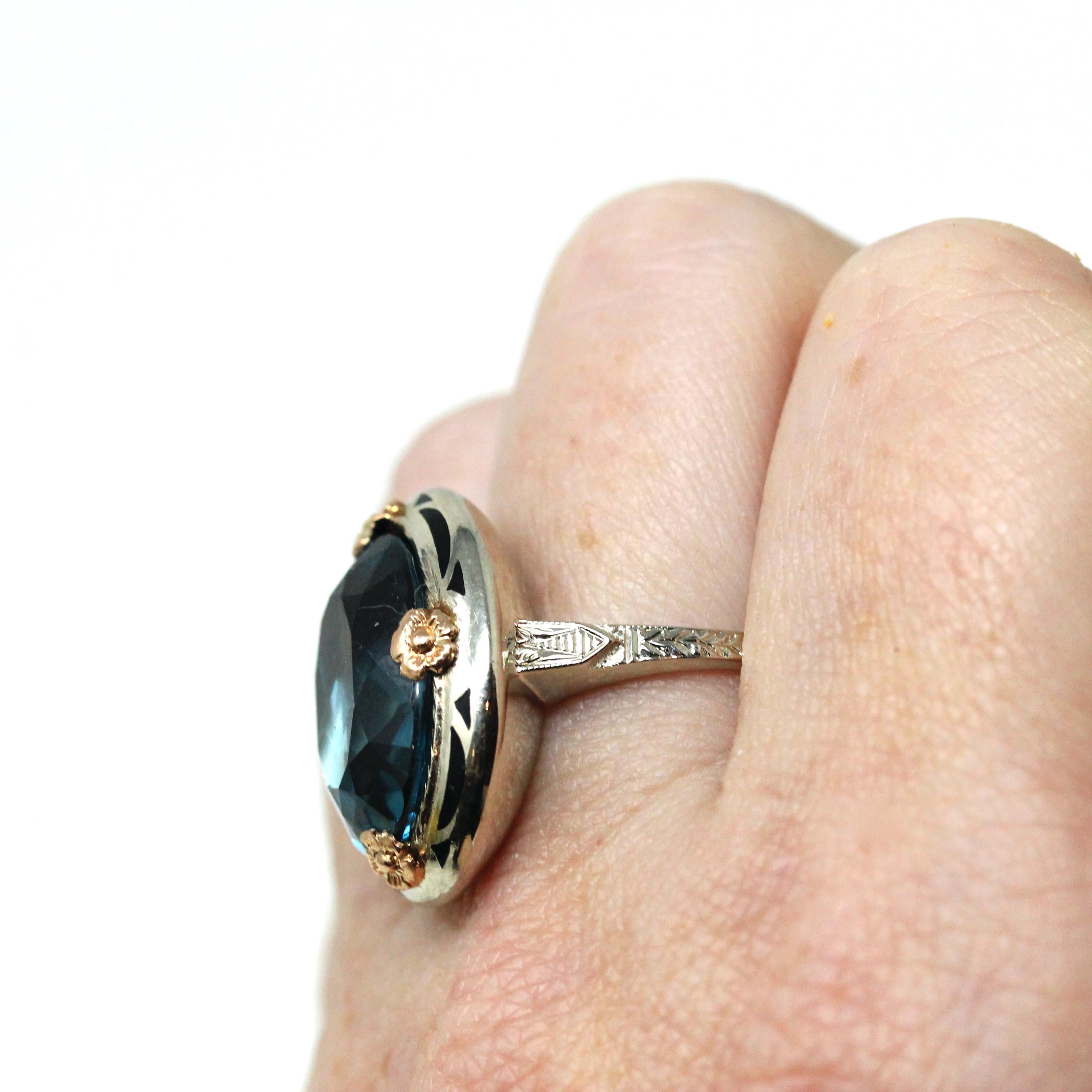 Art Deco Ring - Vintage 14k White Rose Gold Created Blue Spinel Black Enamel Halo Two Tone - Circa 1930s Era Size 6 1/2 Floral Fine Jewelry