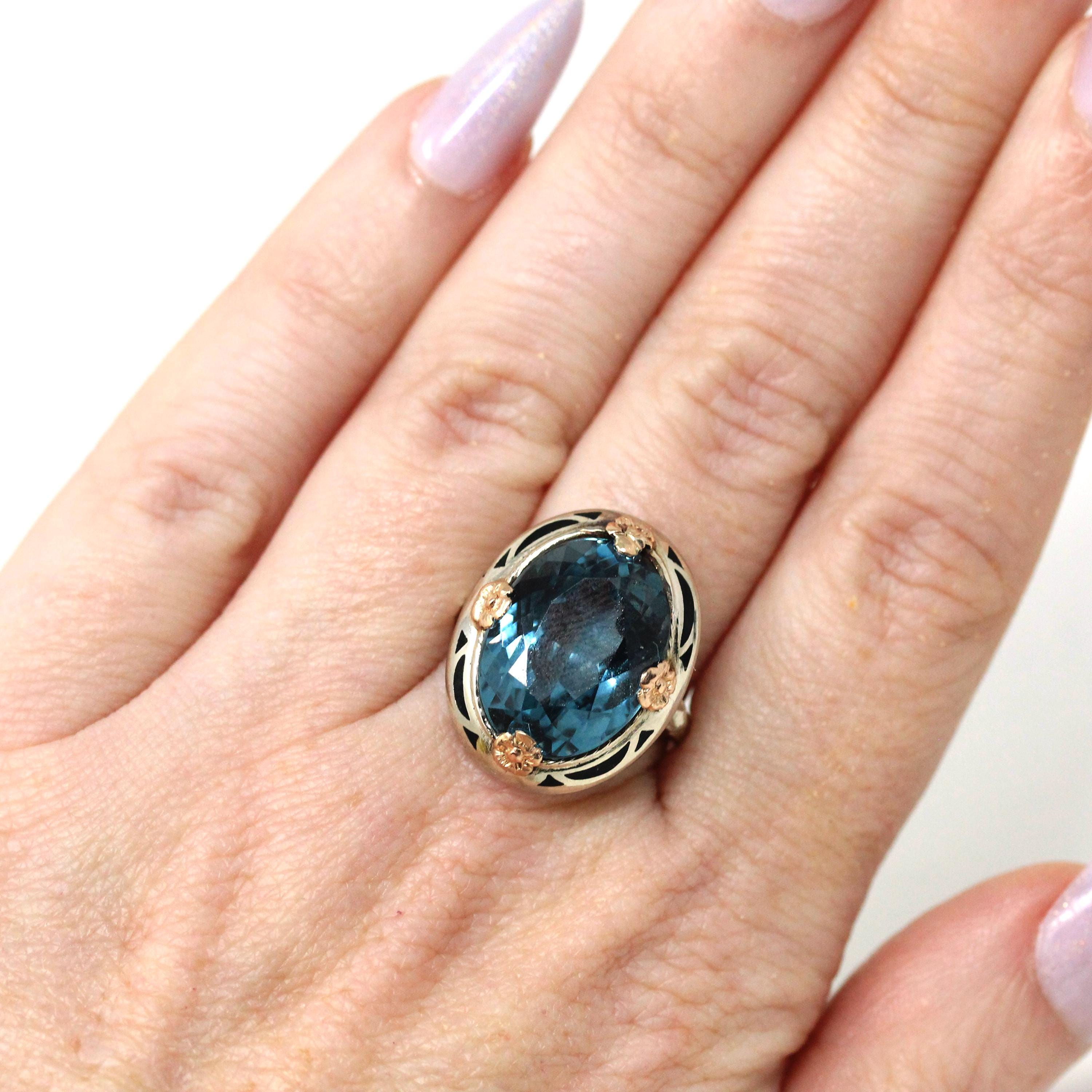 Art Deco Ring - Vintage 14k White Rose Gold Created Blue Spinel Black Enamel Halo Two Tone - Circa 1930s Era Size 6 1/2 Floral Fine Jewelry