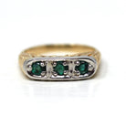 Emerald Two Tone Band - Modern 14k Yellow White Gold Natural Genuine Round Green Gemstones - Estate Circa 2000s Size 5 Stacking Fine Jewelry