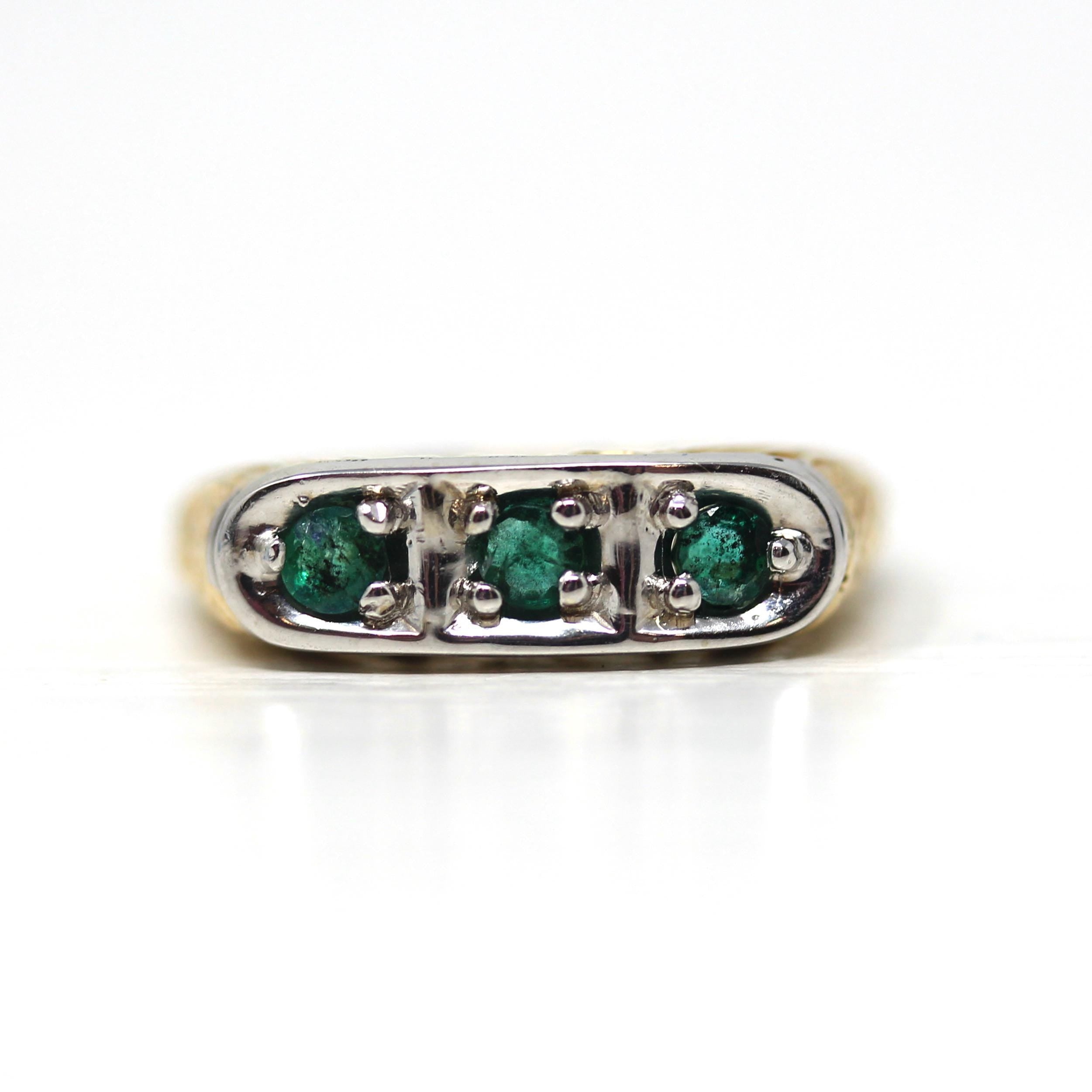 Emerald Two Tone Band - Modern 14k Yellow White Gold Natural Genuine Round Green Gemstones - Estate Circa 2000s Size 5 Stacking Fine Jewelry