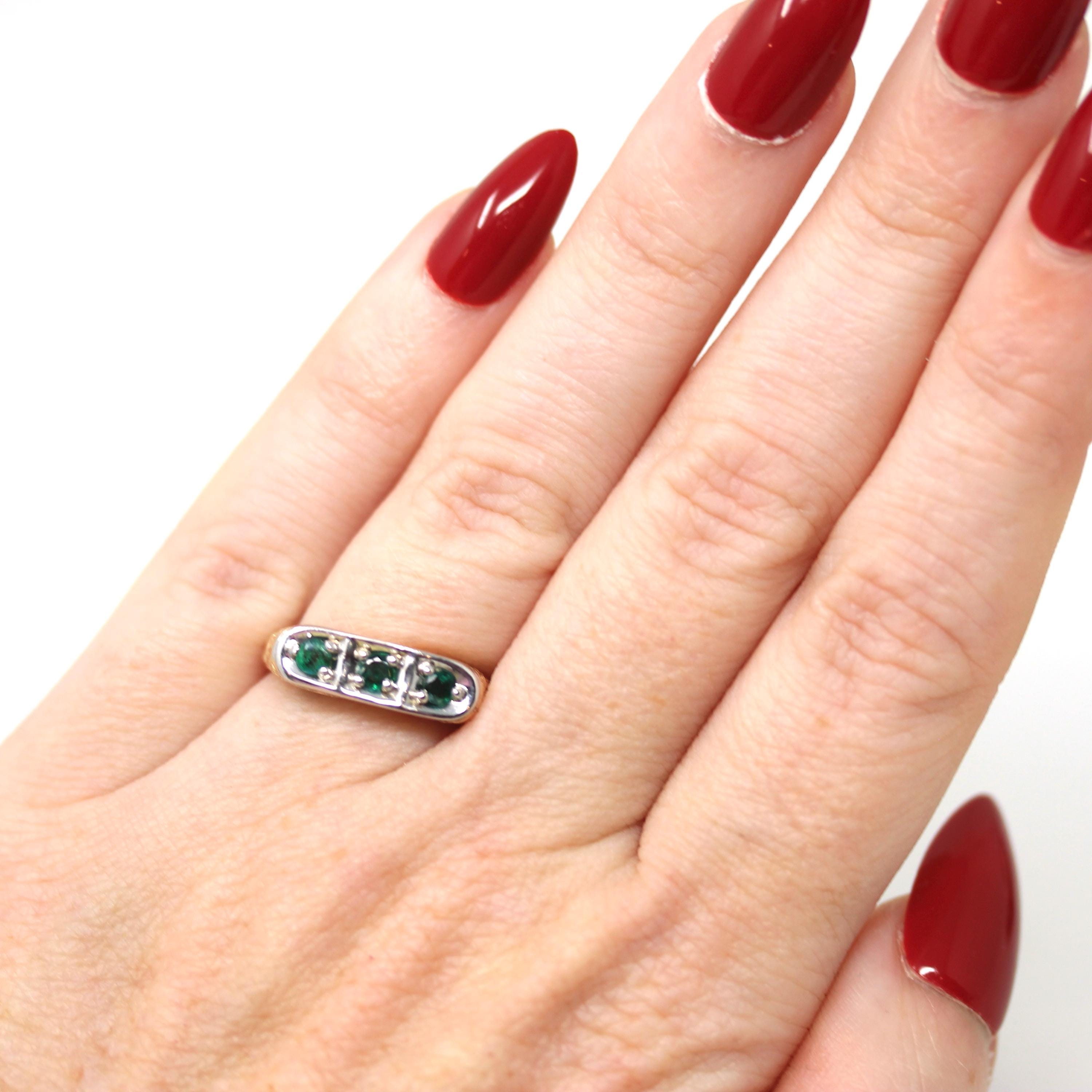 Emerald Two Tone Band - Modern 14k Yellow White Gold Natural Genuine Round Green Gemstones - Estate Circa 2000s Size 5 Stacking Fine Jewelry