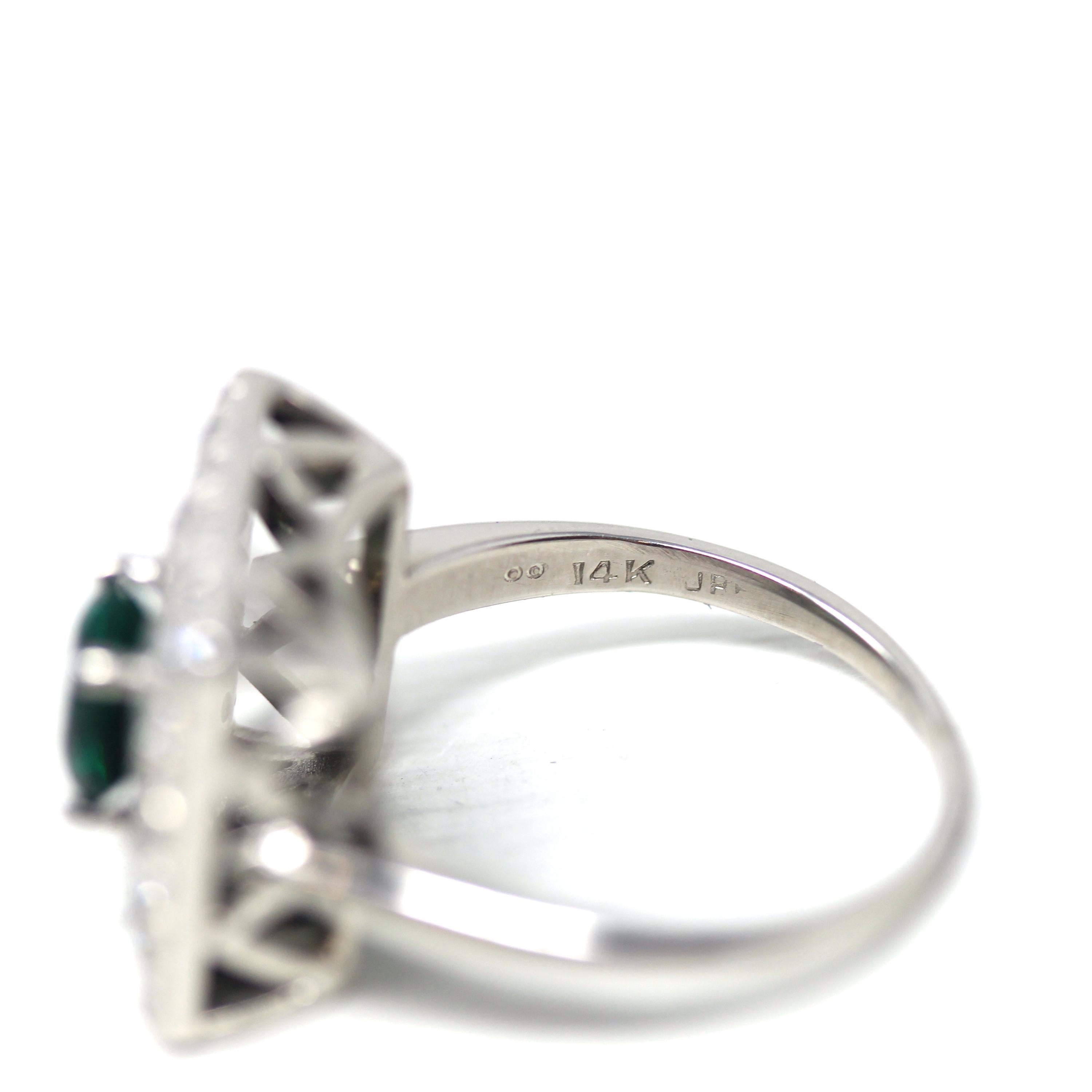 Square Halo Ring - Estate 14k White Gold Created Emerald Natural Diamond Statement - Modern Circa 2000s Era Size 7 1/2 Green Fine Jewelry
