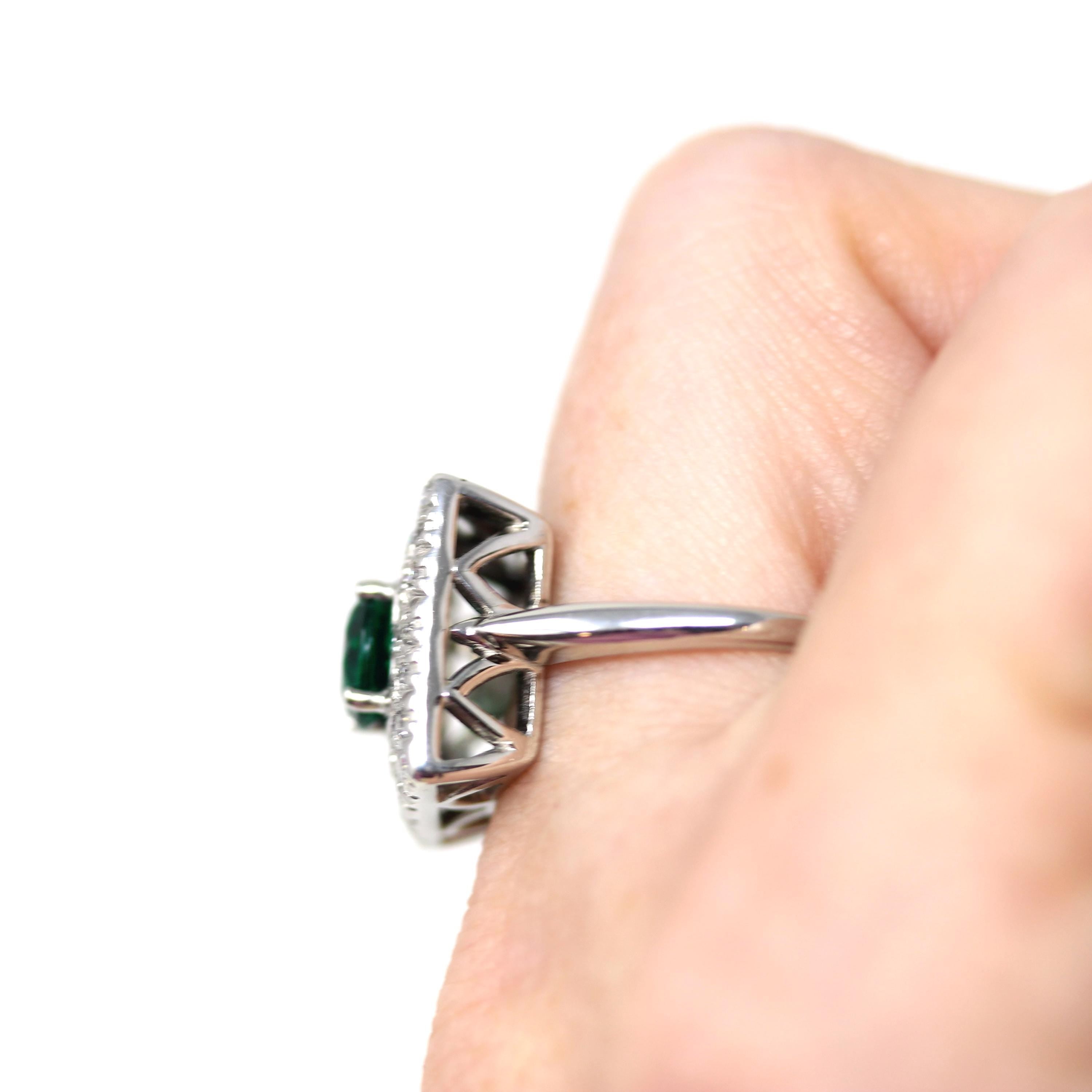 Square Halo Ring - Estate 14k White Gold Created Emerald Natural Diamond Statement - Modern Circa 2000s Era Size 7 1/2 Green Fine Jewelry